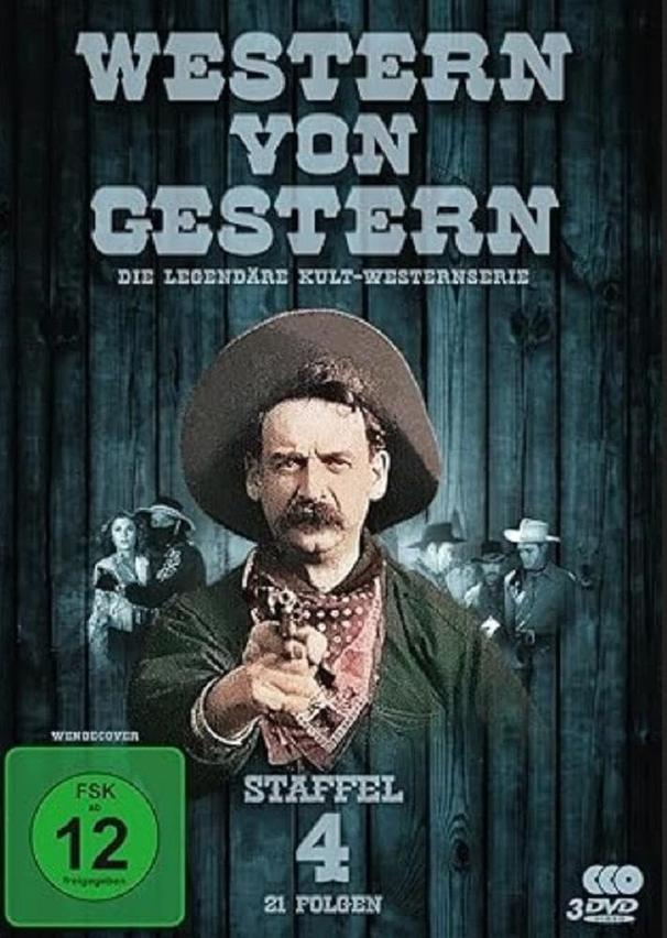DVD-Cover: Ein Mann mit Cowboyhut zielt mit einer Waffe. Text: 'Western von Gestern'. Staffel 4, 21 Folgen. FSK 12.