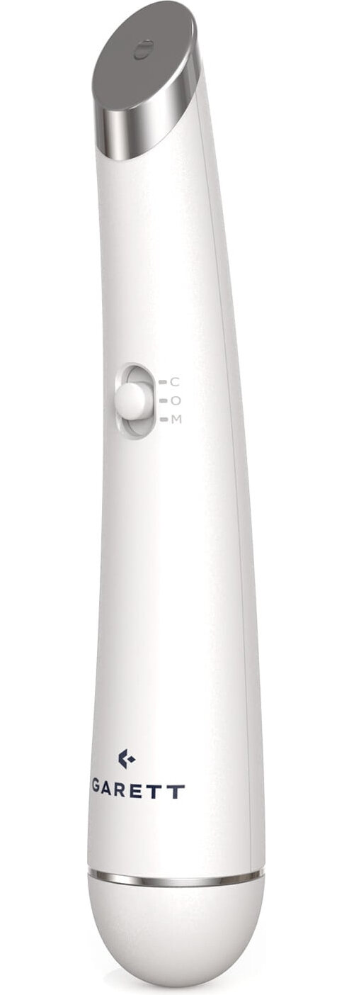Białe urządzenie przenośne ze srebrnymi akcentami. Ma przycisk i markę 'GARETT'. Wygląda na produkt kosmetyczny.