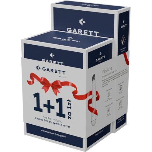 Zapakowany produkt do pielęgnacji skóry z czerwoną wstążką, tekstem '1+1' i marką 'Garett'. Widoczny jest również biało-srebrny masażer do twarzy.