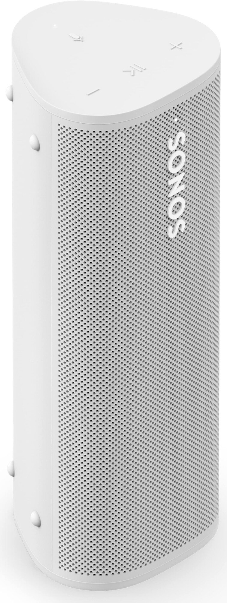 Biały głośnik Sonos z perforowanym przodem. Na górze ikony sterowania. Logo Sonos po prawej stronie.