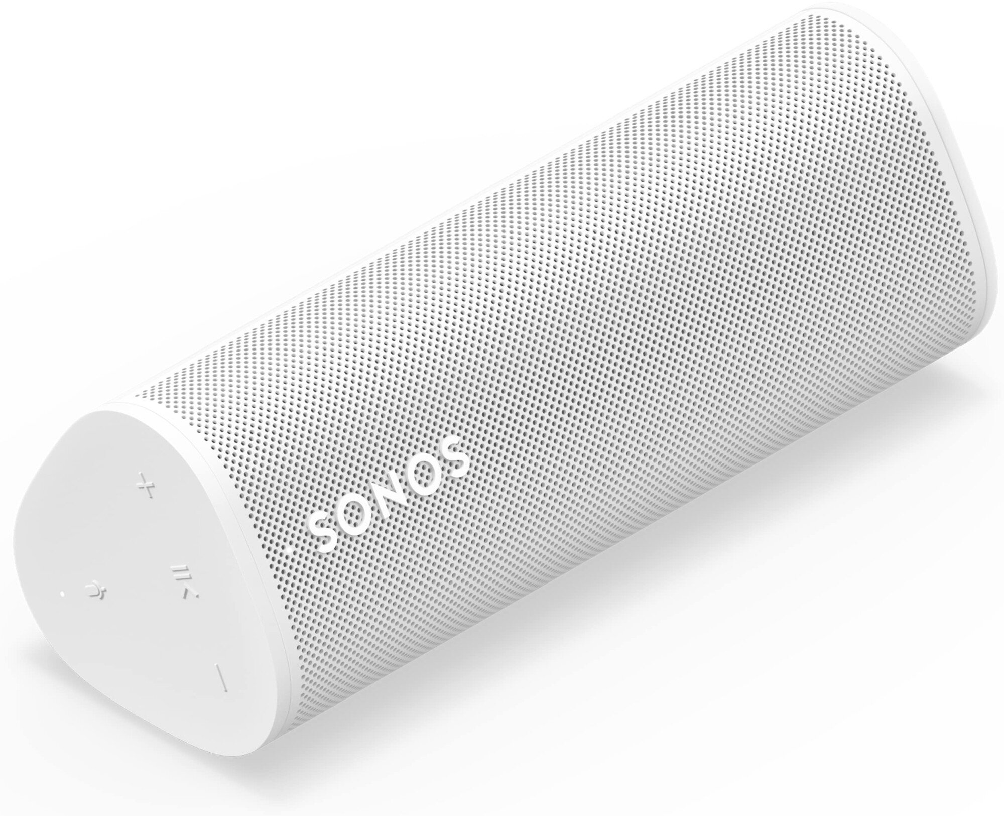 Biały głośnik Sonos na białej powierzchni. Widoczna perforowana kratka głośnika, przyciski i logo Sonos.