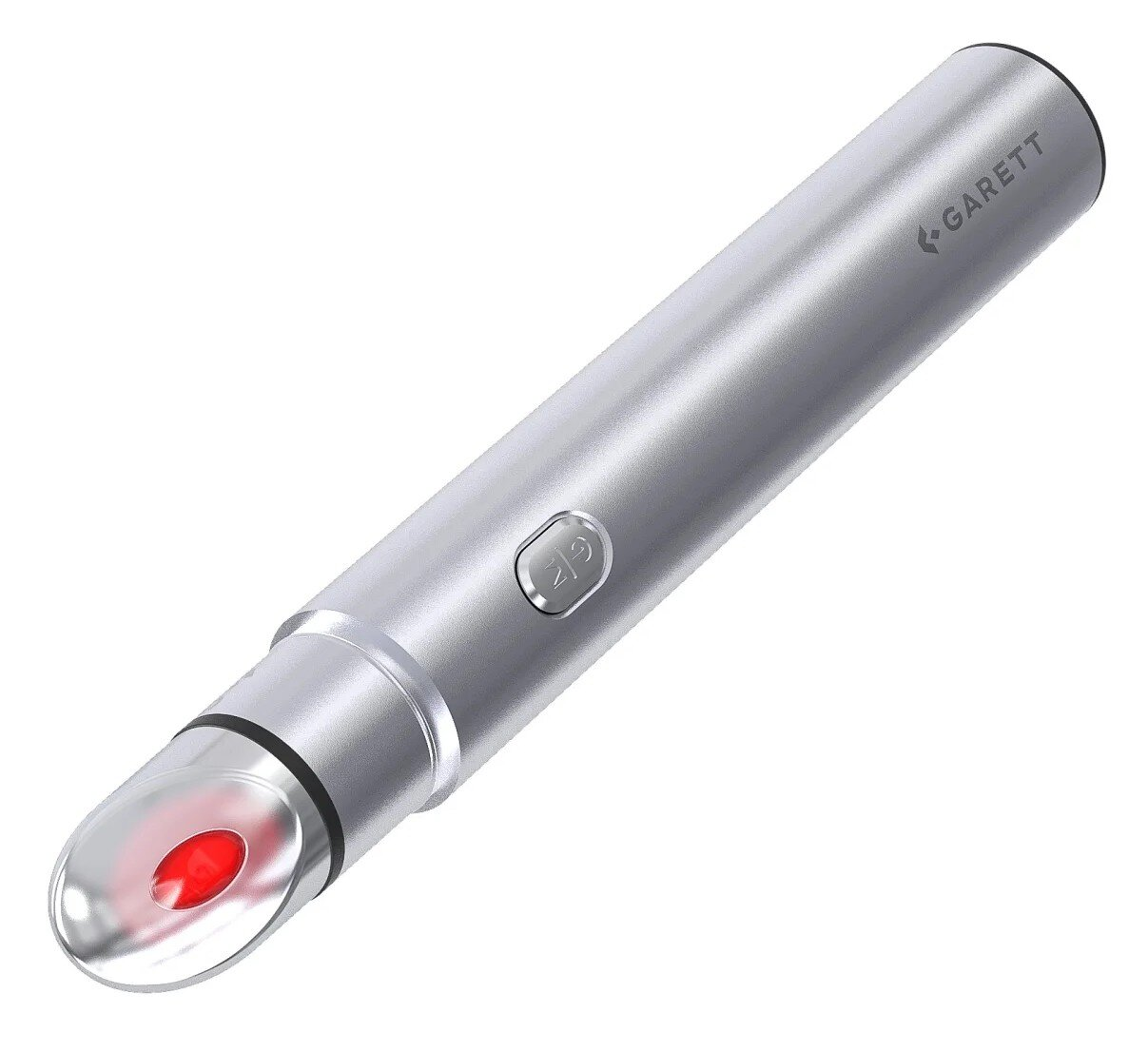 Srebrny detektor metalu z czerwonym światłem. Widoczny przycisk i napis "GARETT".