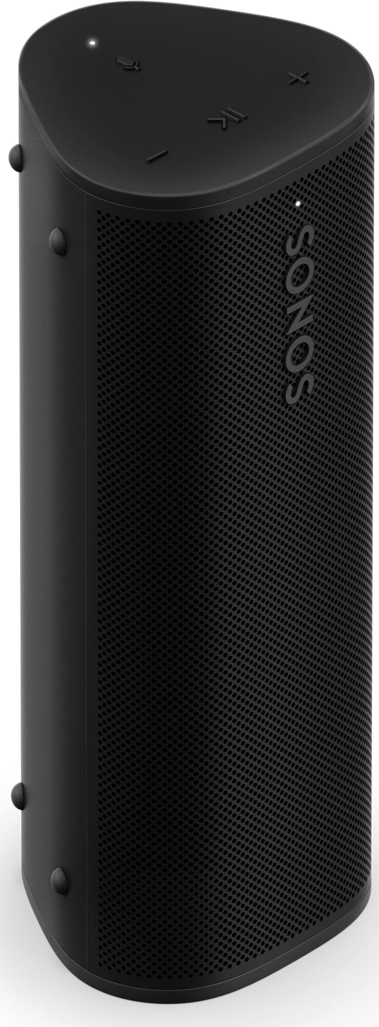 Czarny głośnik Sonos. Ma perforowany przód, przyciski sterowania u góry i logo Sonos.