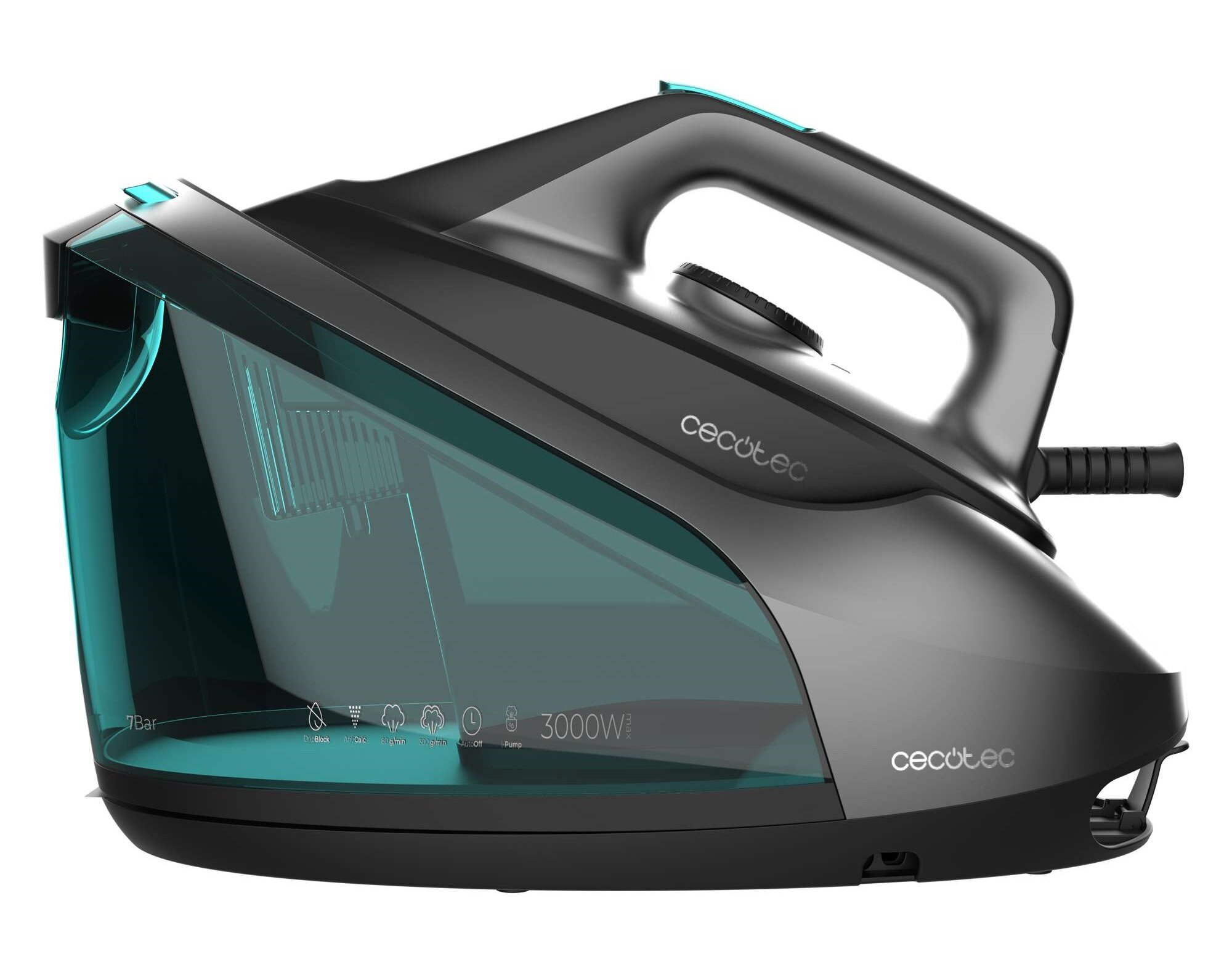 Czarno-szare żelazko parowe Cecotec z turkusowym zbiornikiem na wodę, uchwytem i detalami. Ma 3000W i inne funkcje.