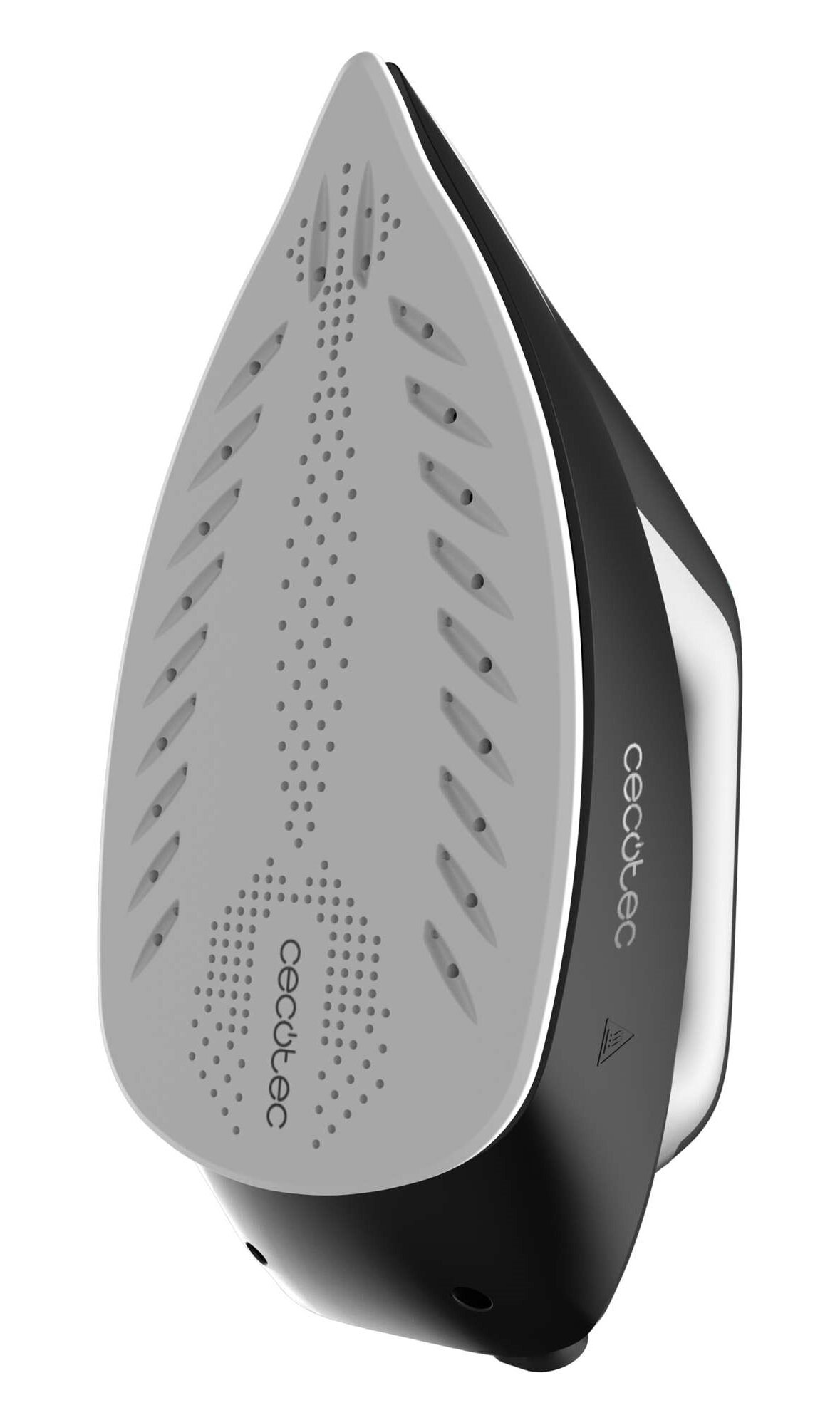 Żelazko, głównie czarne i szare, pokazuje stopę i uchwyt. Widoczne jest słowo "cecotec".