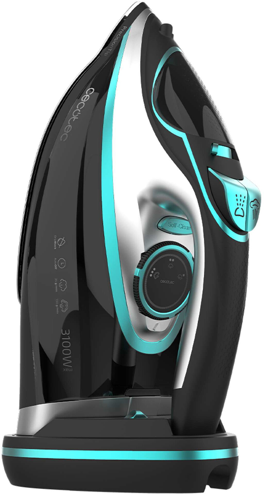 Czarne i turkusowe żelazko Cecotec. Posiada ustawienia temperatury i przycisk samooczyszczania. Białe tło.