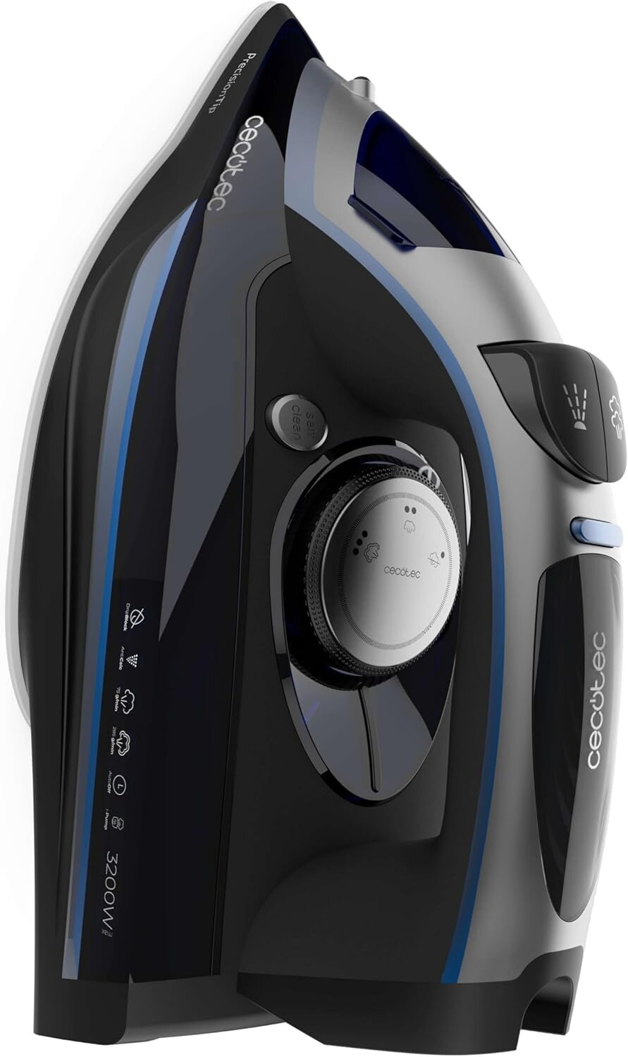Zbliżenie czarnego i szarego żelazka z niebieskimi akcentami, pokrętłem i nazwą marki Cecotec. Zawiera etykietę 3200W.