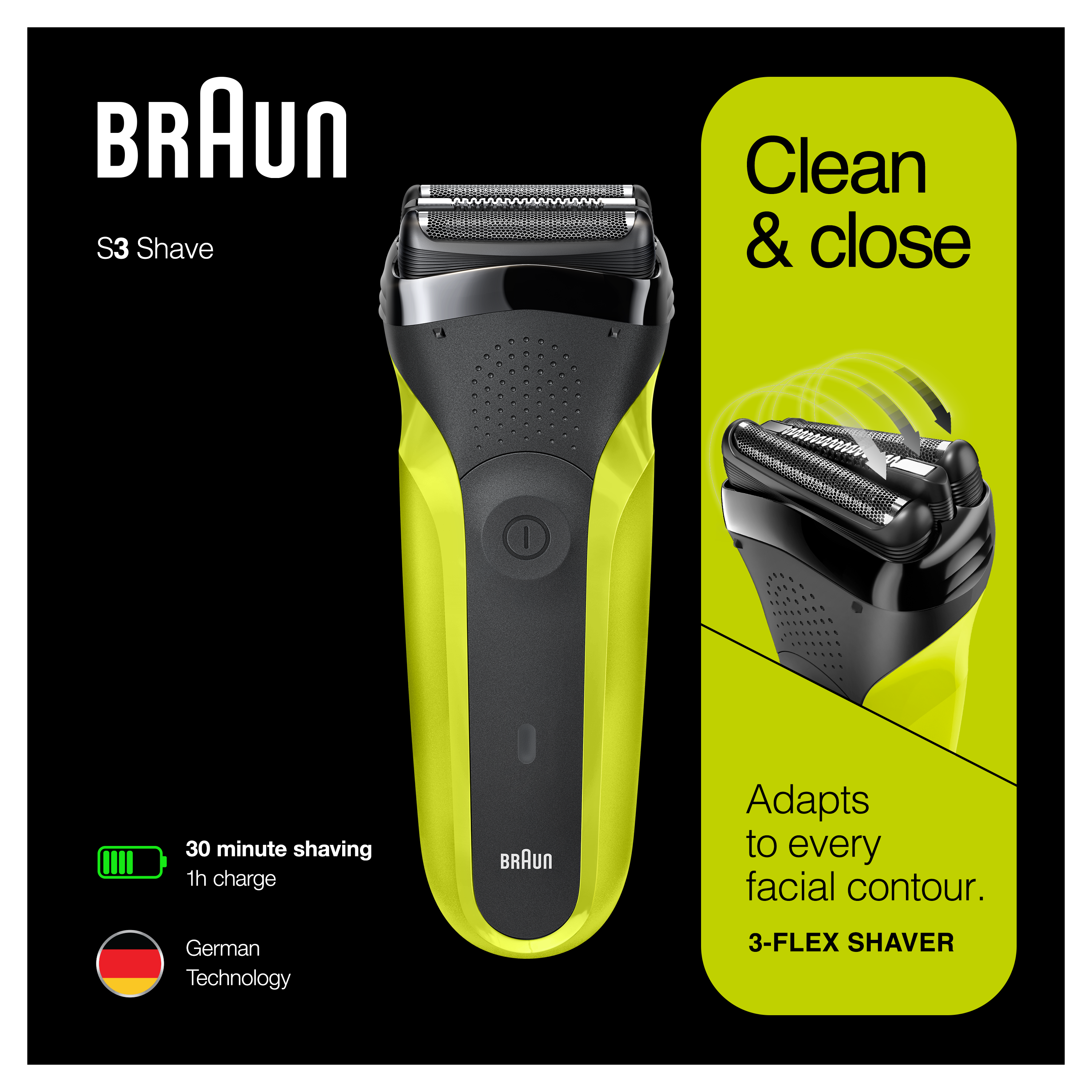 Golarka Braun S3. Żółto-czarna golarka elektryczna z tekstem: Clean & close, dopasowuje się do konturu. Niemiecka technologia. 3-Flex.