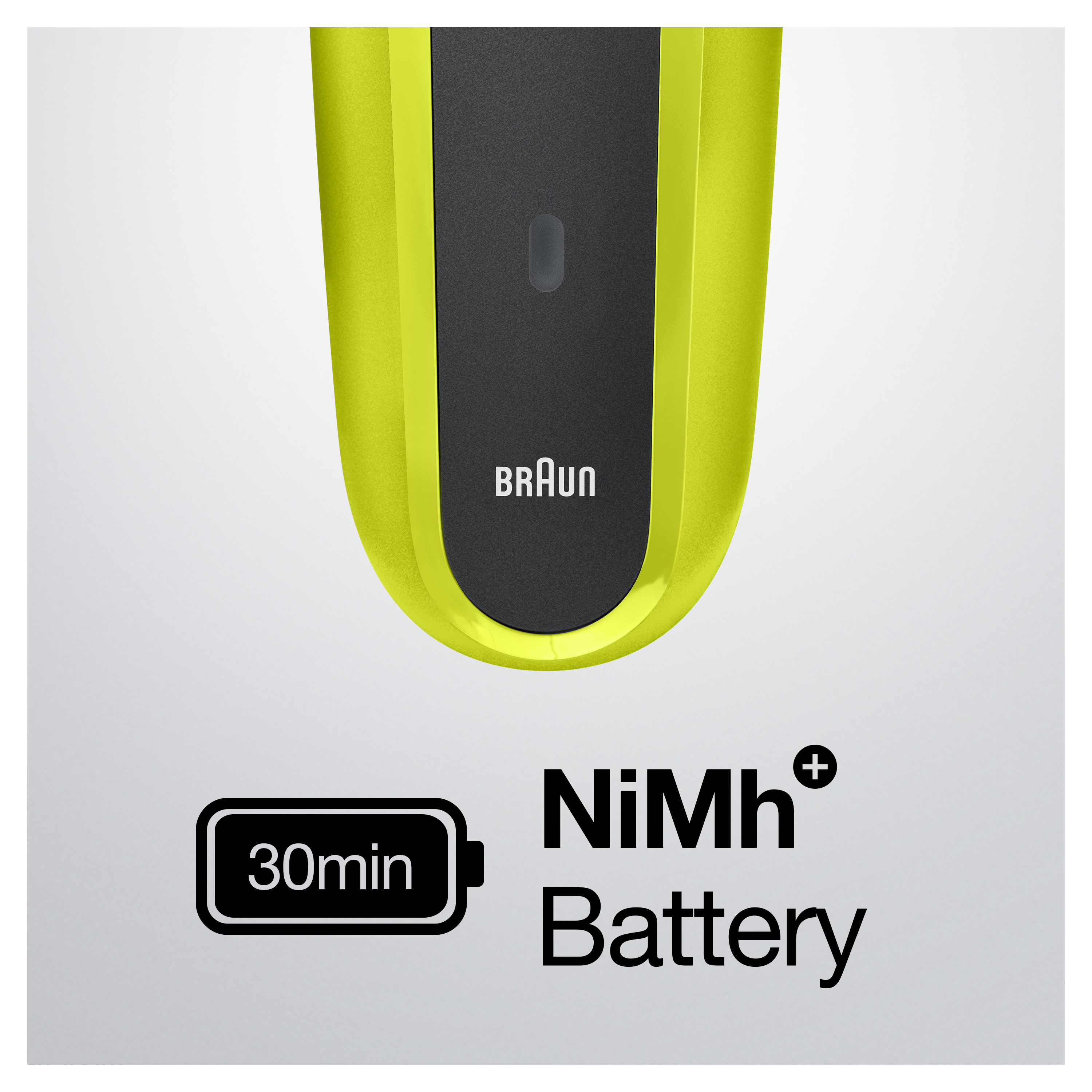 Golarka elektryczna z limonkową obudową, czarnym środkiem i tekstem: 30min, NiMh+ Battery. Logo Braun.