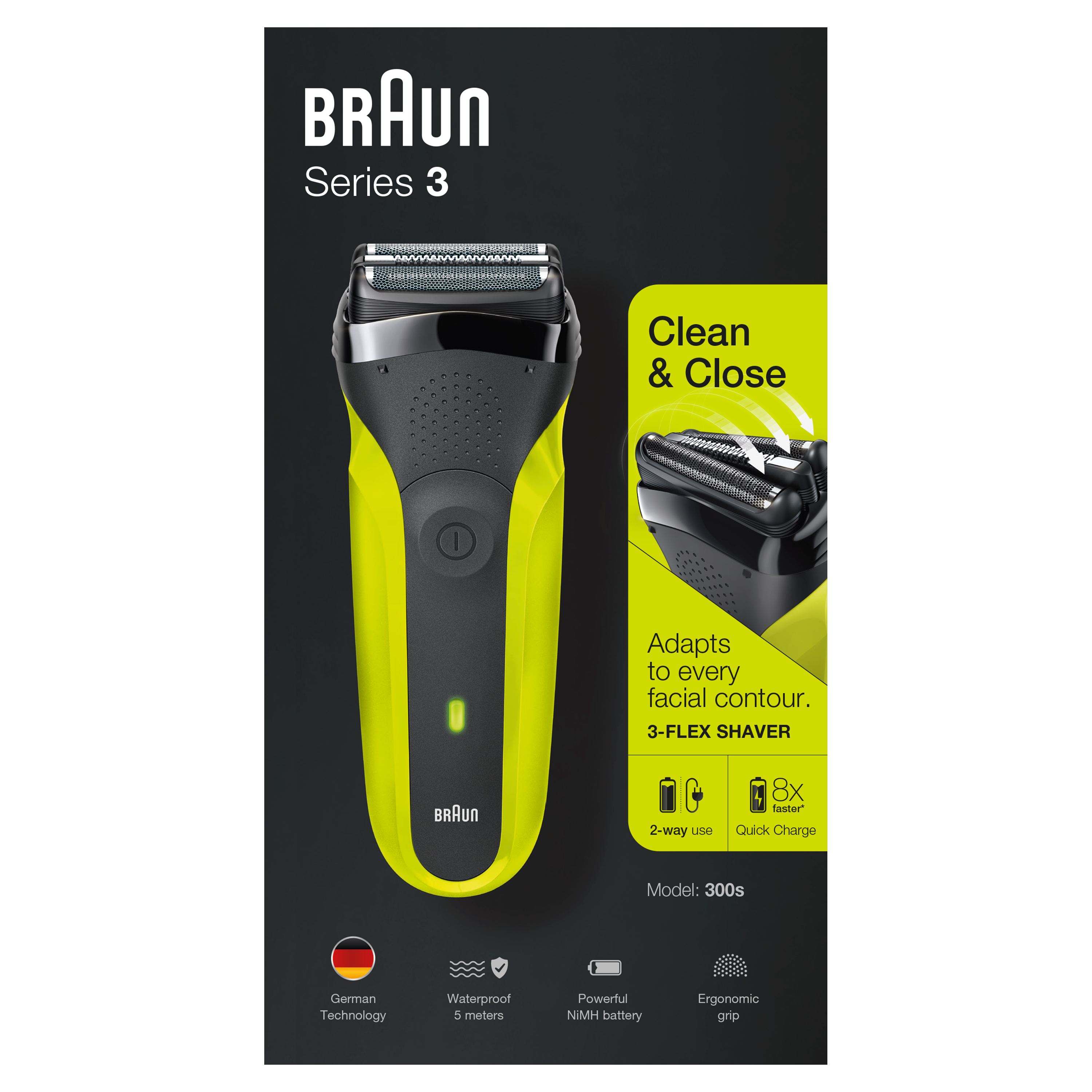 Golarka elektryczna Braun Series 3, żółto-czarny design, podkreślający gładkie golenie i inne funkcje.