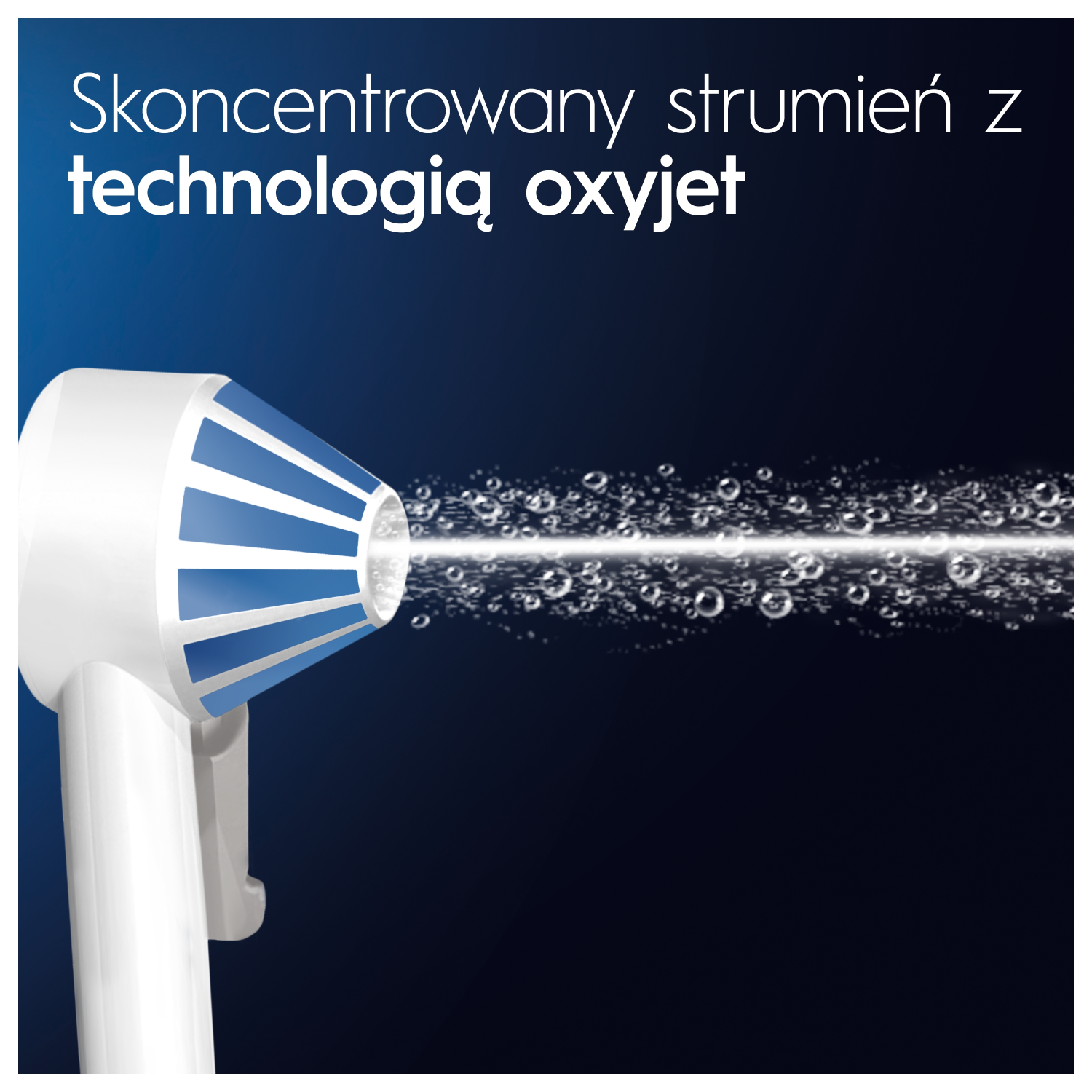 Biało-niebieskie urządzenie emitujące strumień wody z pęcherzykami na ciemnoniebieskim tle, z polskim tekstem u góry.