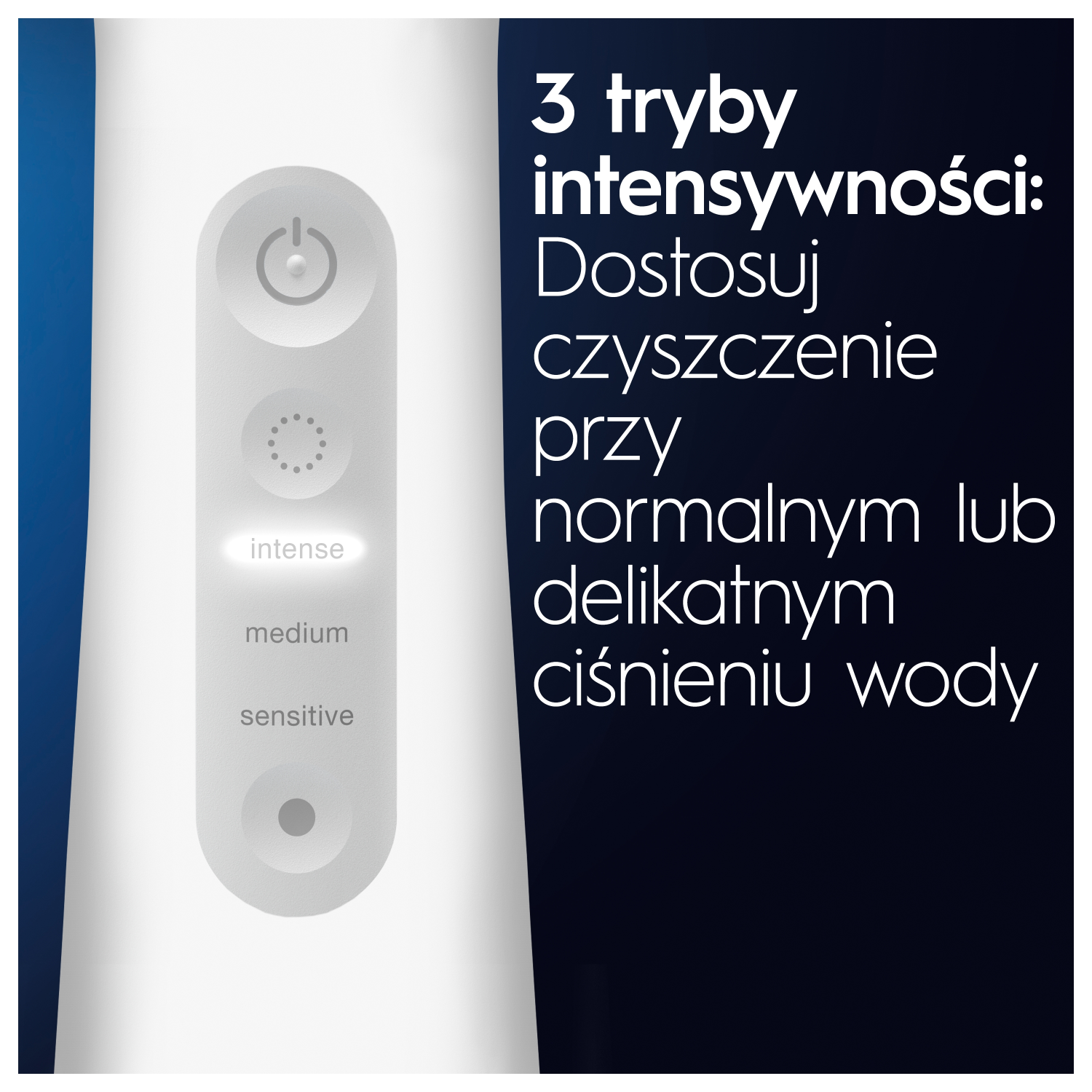 Białe urządzenie z przyciskami zasilania i intensywności. Tekst: 3 tryby intensywności, użyj normalnego lub delikatnego ciśnienia wody.