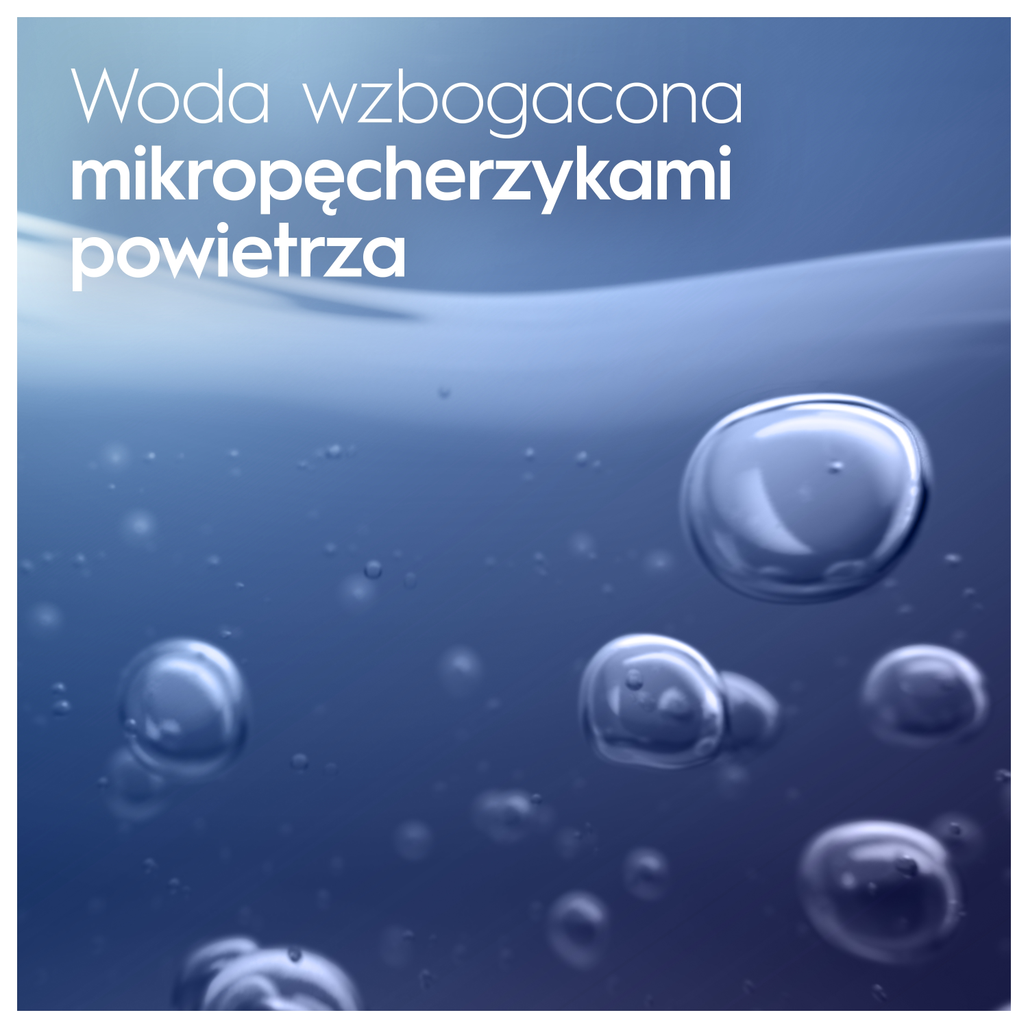 Bąbelki w wodzie. Biały tekst w lewym górnym rogu: Woda wzbogacona w mikropęcherzyki powietrza.