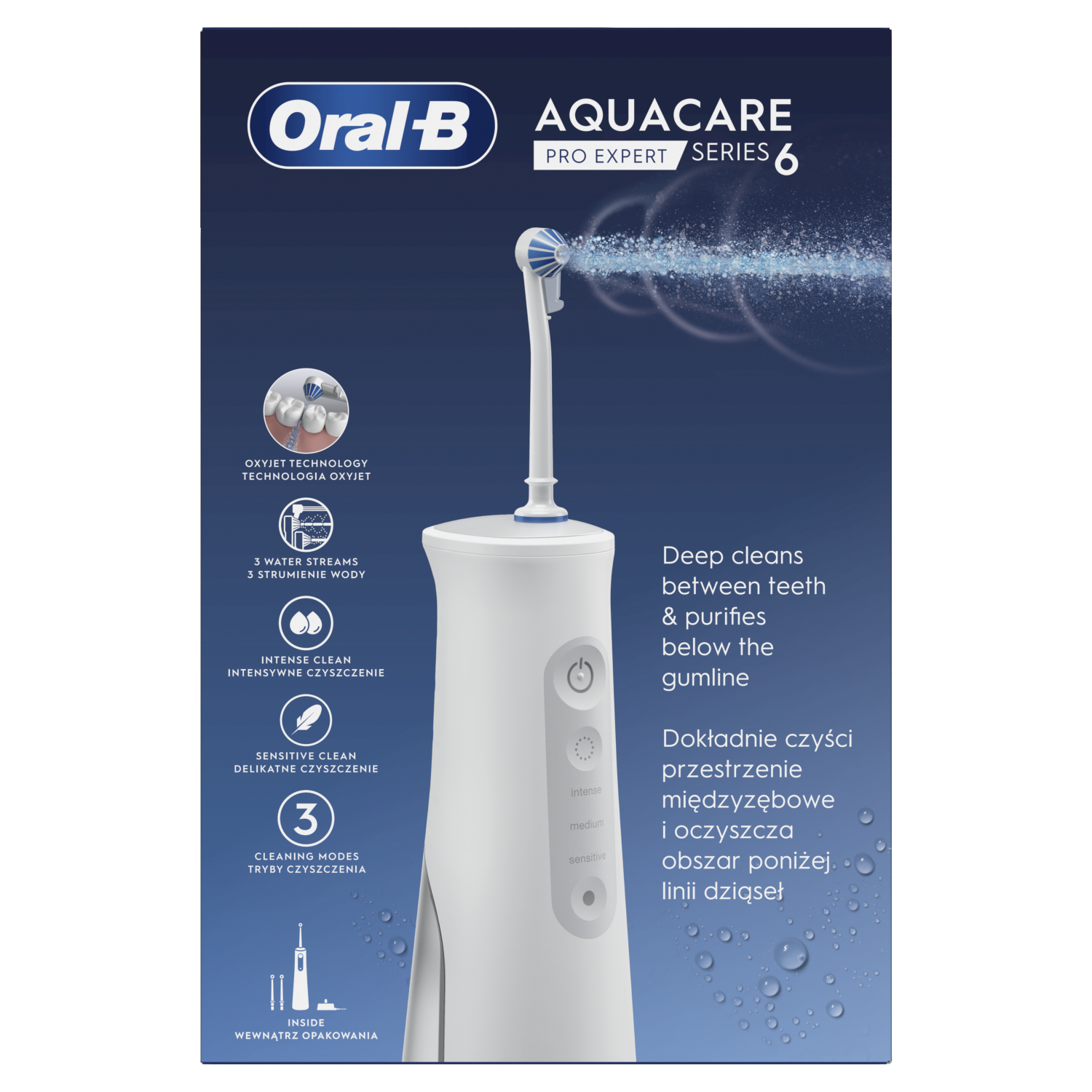 Oral-B Aquacare Pro Expert Series 6. Białe urządzenie z główką szczoteczki, strumieniami wody i tekstem o trybach czyszczenia.