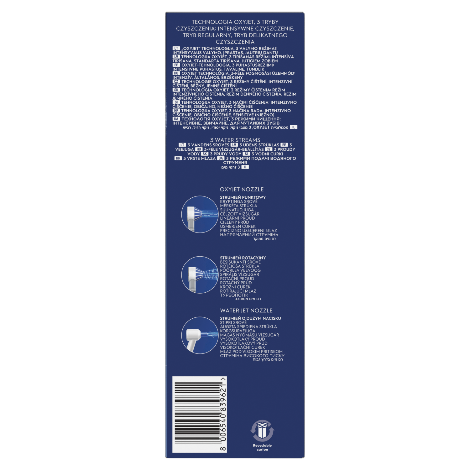 Opakowanie produktu z tekstem o dyszy OXYJET i strumieniach wody. Zawiera kod kreskowy i logo recyklingu.