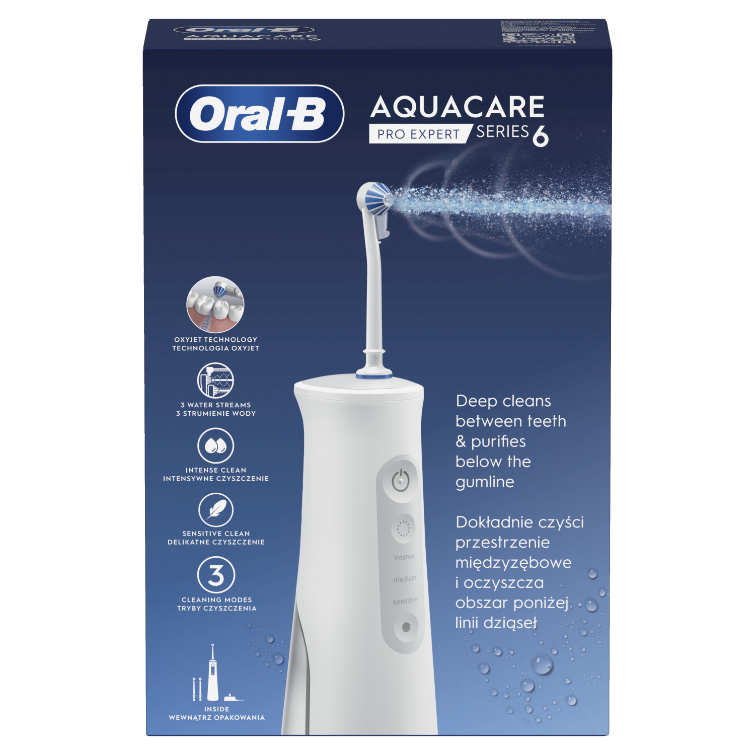 Irygator Oral-B Aquacare na niebieskim tle. Ma biały korpus, główkę szczoteczki, a pudełko pokazuje cechy.