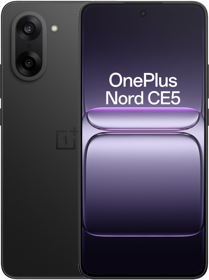 Czarny telefon OnePlus Nord CE5. Ma ekran wyświetlający nazwę telefonu. Tył ma aparaty i logo OnePlus.