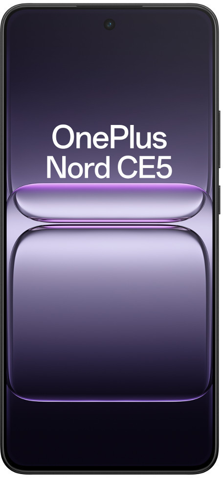Smartfon z fioletowym gradientowym ekranem. Ekran wyświetla 'OnePlus Nord CE5' białym tekstem. Aparat u góry.