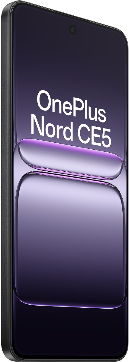 Telefon to OnePlus Nord CE5, z czarną ramką. Ekran wyświetla fioletowe gradienty i nazwę modelu.
