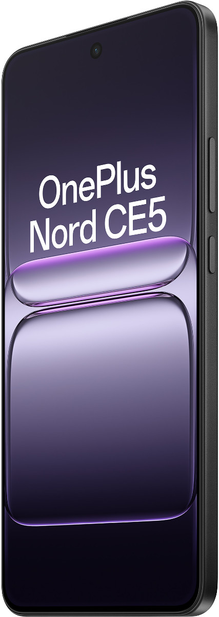 Smartfon OnePlus Nord CE5, widok pod kątem. Wyświetlacz pokazuje fioletowy gradient. Telefon jest czarny z przyciskami głośności.