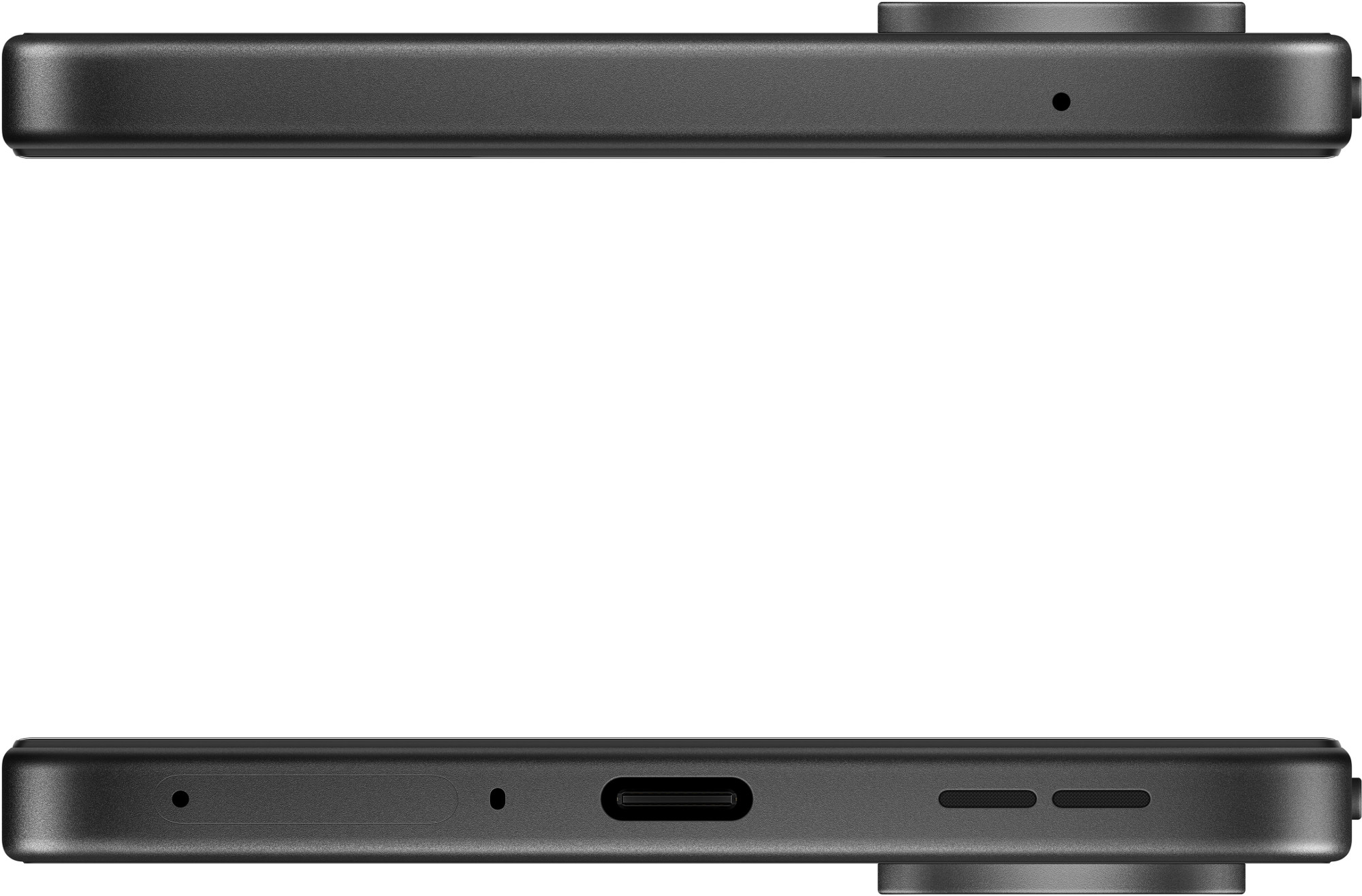 Zbliżenie czarnego telefonu komórkowego z aparatem i portem ładowania. Telefon jest na białym tle.