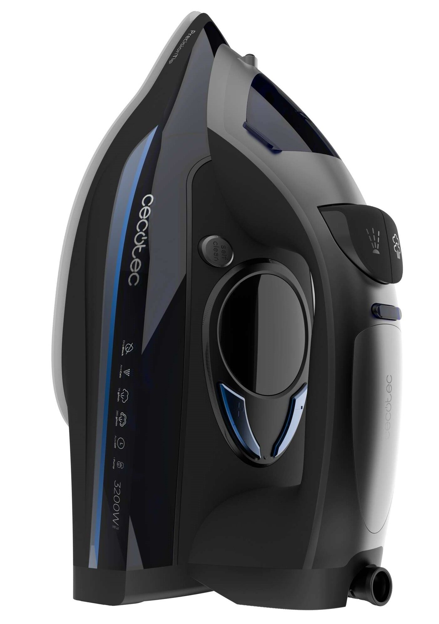 Czarno-niebieskie żelazko Cecotec. Ma zbiornik na wodę i przycisk samoczyszczenia. Żelazko jest na białym tle.