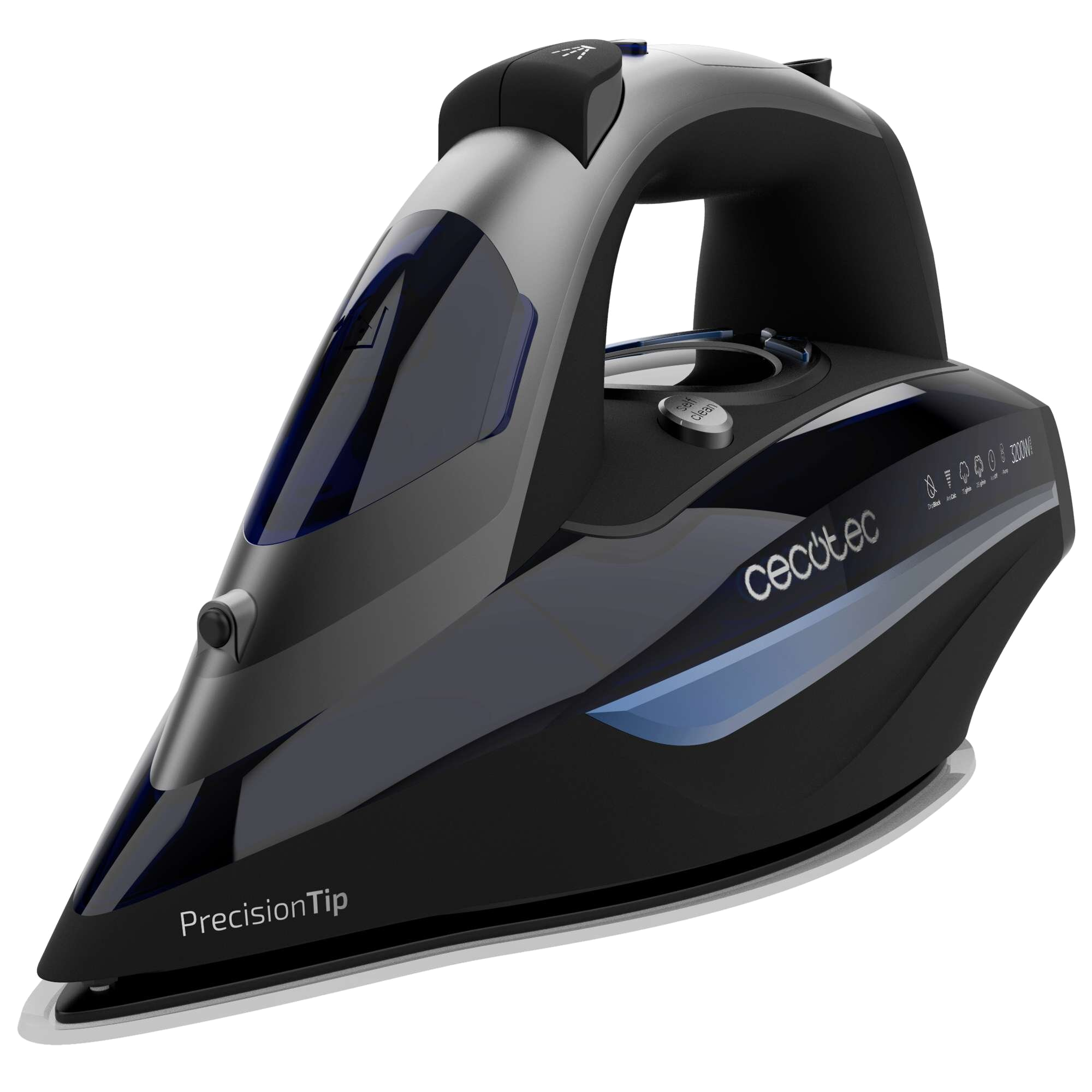 Czarne i szare żelazko z niebieskim zbiornikiem na wodę. Ma markę Cecotec i PrecisionTip.
