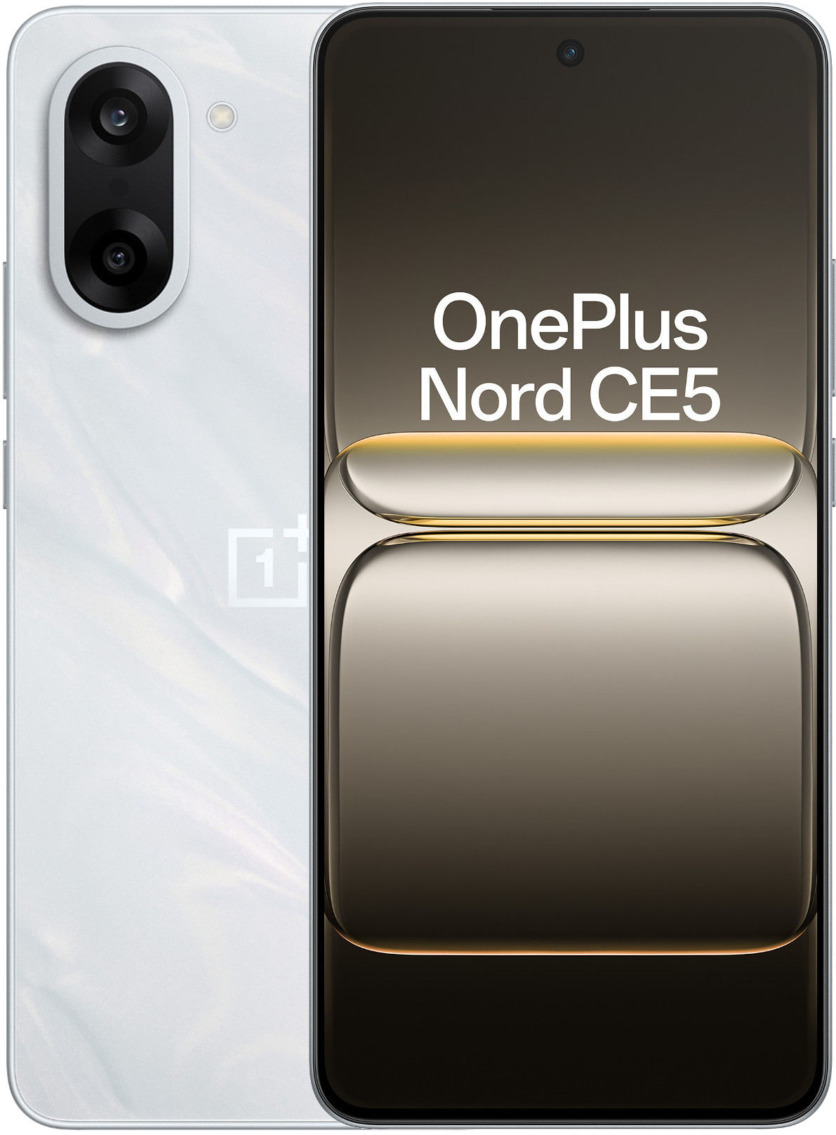 Biały telefon OnePlus Nord CE5. Czarny ekran wyświetla nazwę telefonu. Podwójny aparat z tyłu. Widoczne logo OnePlus.
