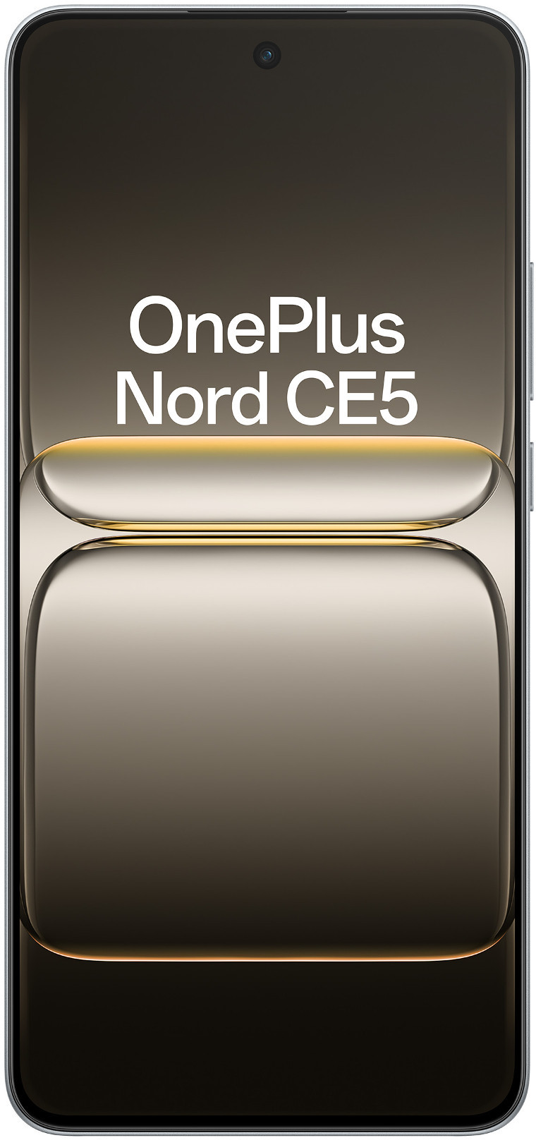 Smartfon wyświetla logo OnePlus Nord CE5. Ekran ma gradient od ciemnobrązowego do jasnożółtego. Widoczny jest przedni aparat.