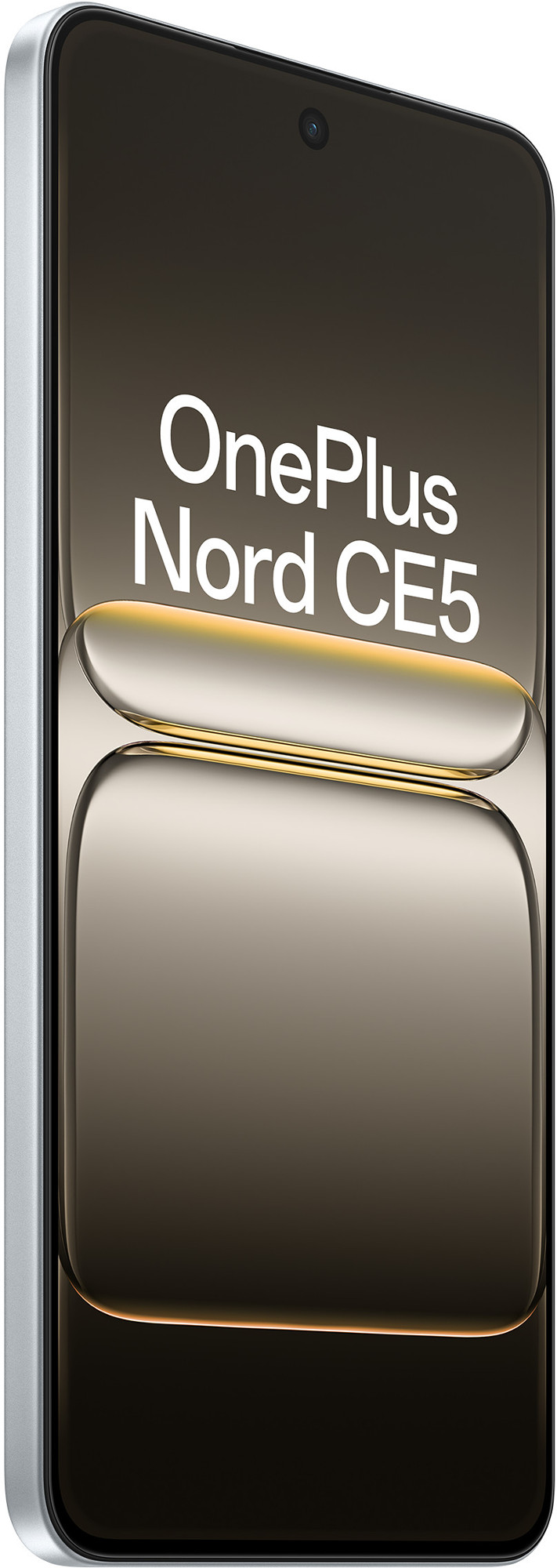 Smartfon z ekranem wyświetlającym słowa 'OnePlus Nord CE5'. Ma srebrną ramkę i aparat.