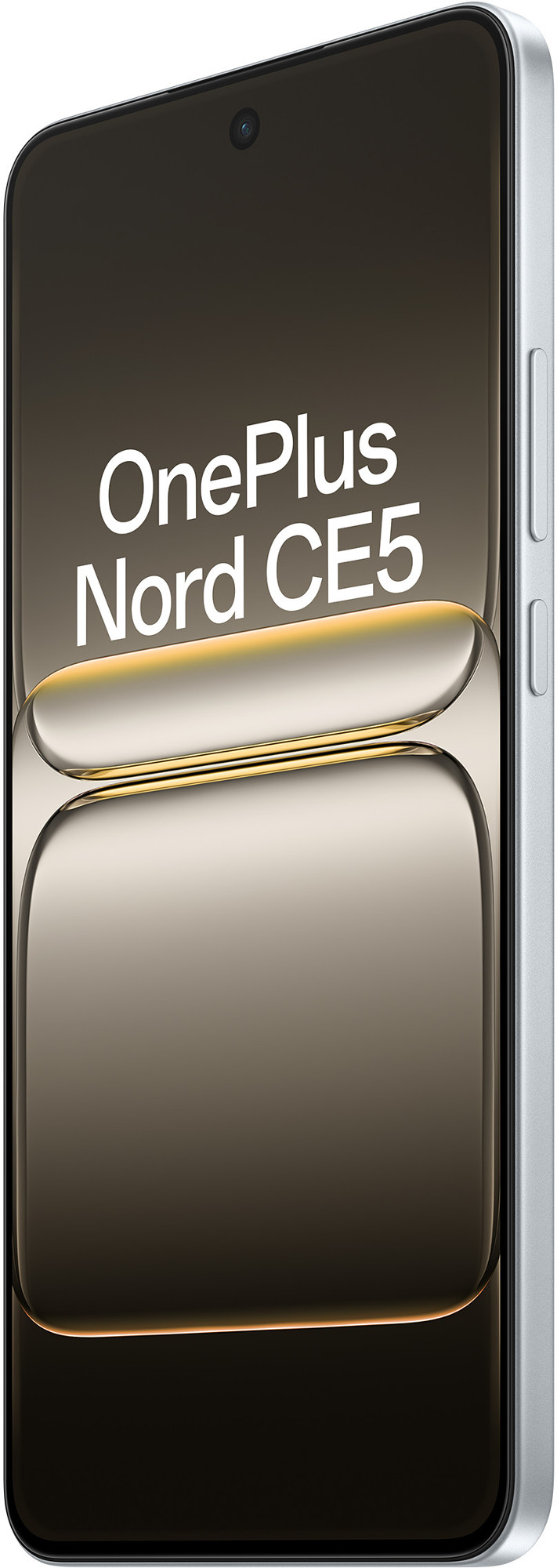 Srebrny smartfon OnePlus Nord CE5. Ekran pokazuje nazwę telefonu. U góry znajduje się aparat.