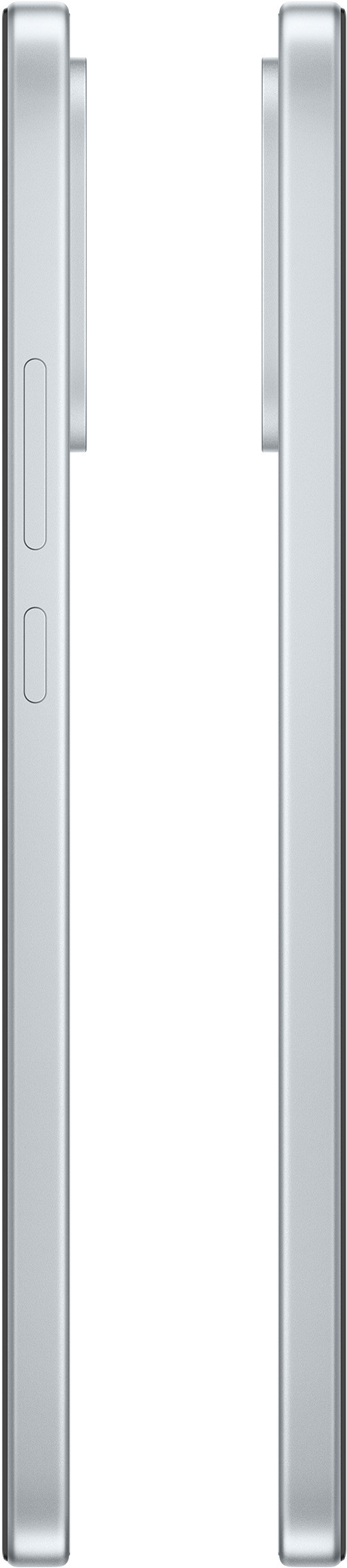 Dwa srebrne boki smartfona. Lewy ma przyciski, prawy jest gładki. Biała przestrzeń pomiędzy.