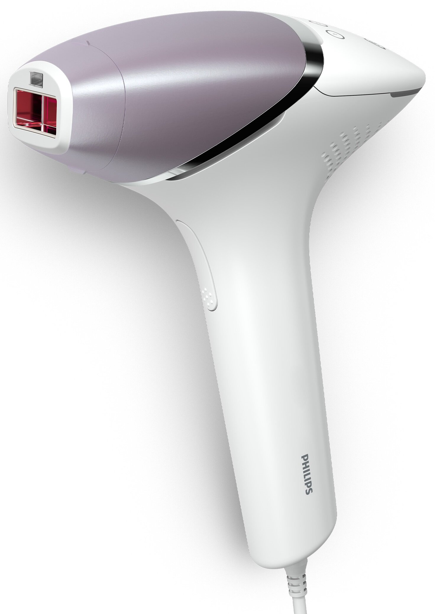 Białe i fioletowe urządzenie do usuwania włosów Philips na białym tle. Ma czerwone okno świetlne i przewód zasilający.