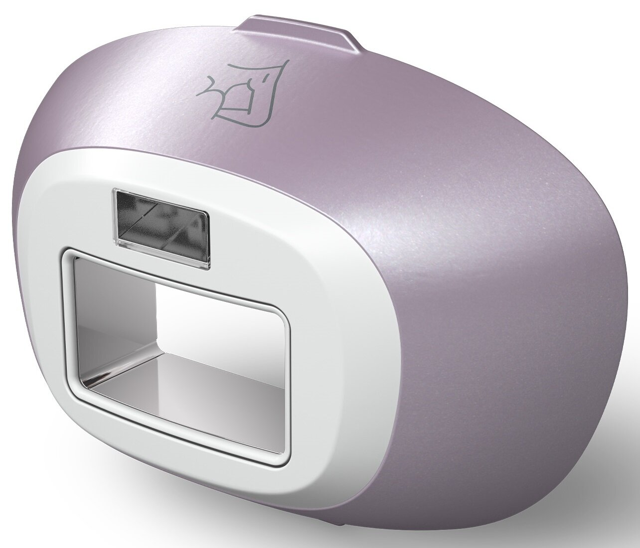 Fioletowe urządzenie do usuwania włosów z białym panelem przednim. Widoczne prostokątne okno ze srebrnym wnętrzem.