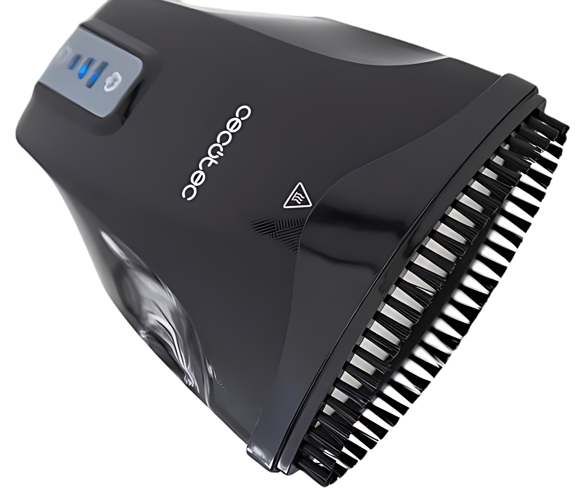 Czarna suszarka do włosów z główką szczotkową, marka Cecotec. Ma wskaźniki zasilania i ciepła. Izolowana na białym.