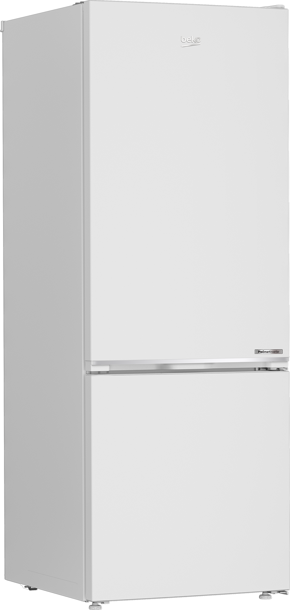 Fehér Beko hűtőszekrény, felső része magasabb, mint az alsó, ezüst részletekkel és logóval. ProSmart Inverter felirat.