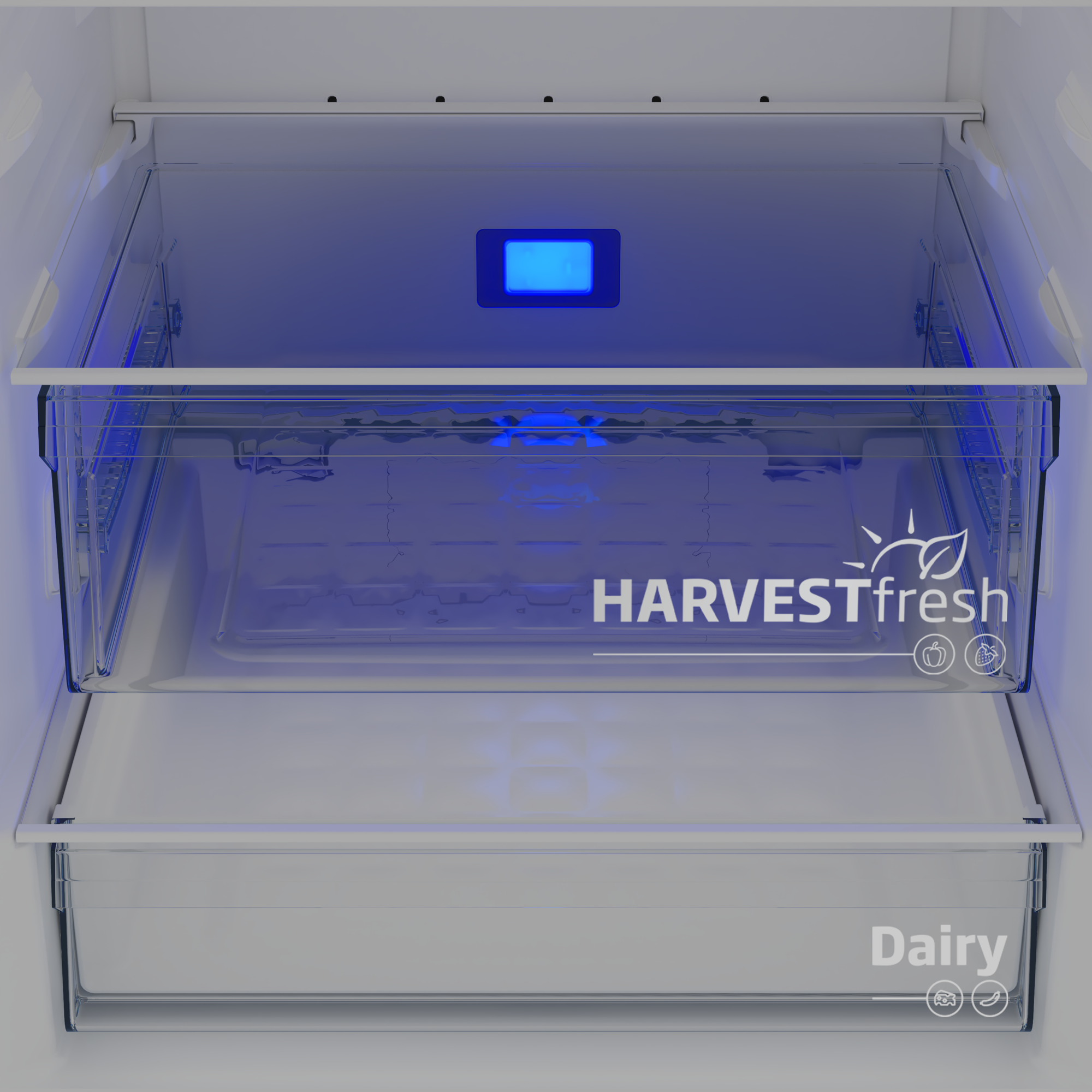 Hűtőszekrény belseje: átlátszó fiókok, kék fény, 'HARVESTfresh' és 'Dairy' feliratok, kék kijelzővel felül.