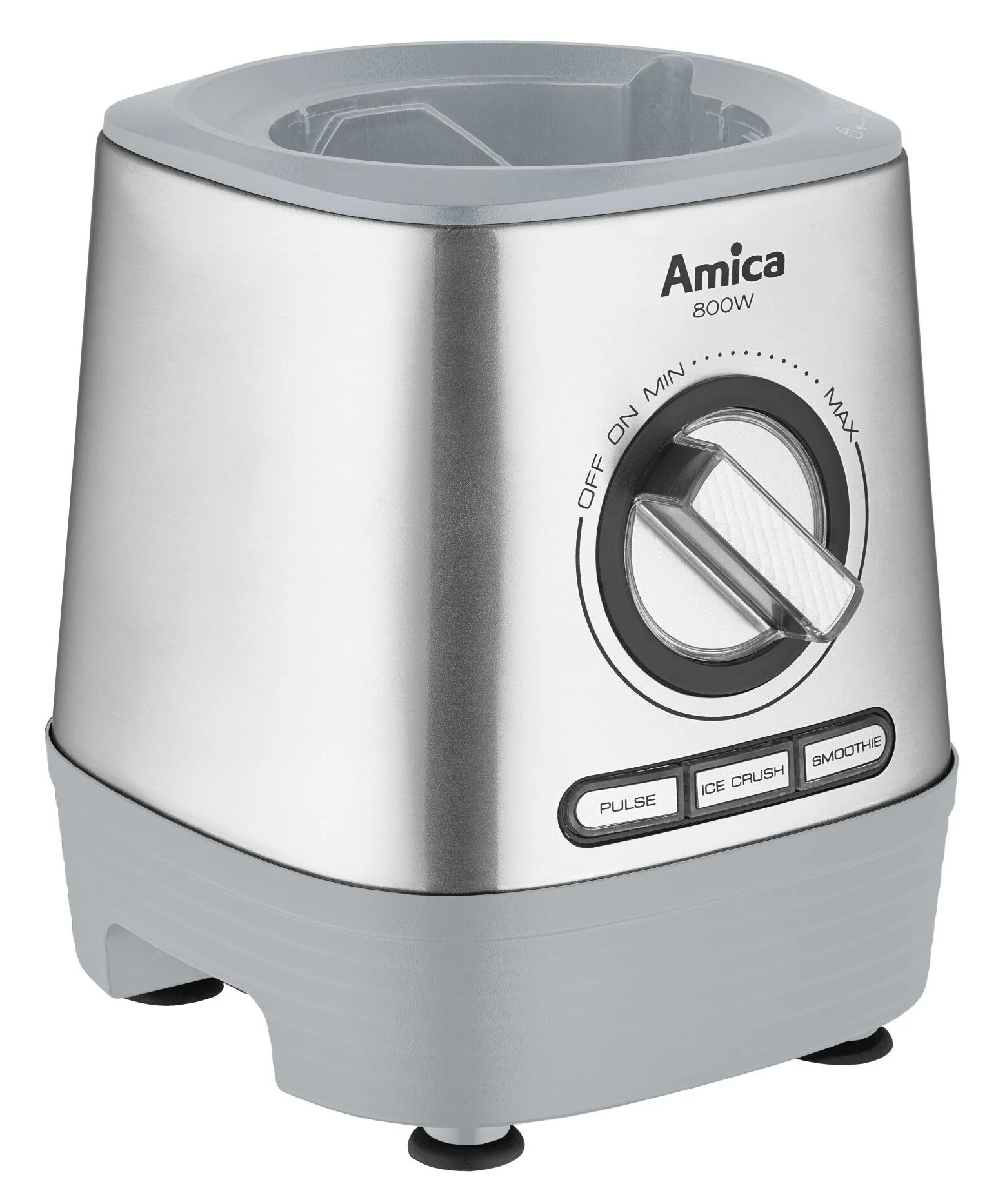 Srebrny blender z szarymi akcentami. Posiada pokrętło i przyciski do funkcji takich jak puls, kruszenie lodu i smoothie.