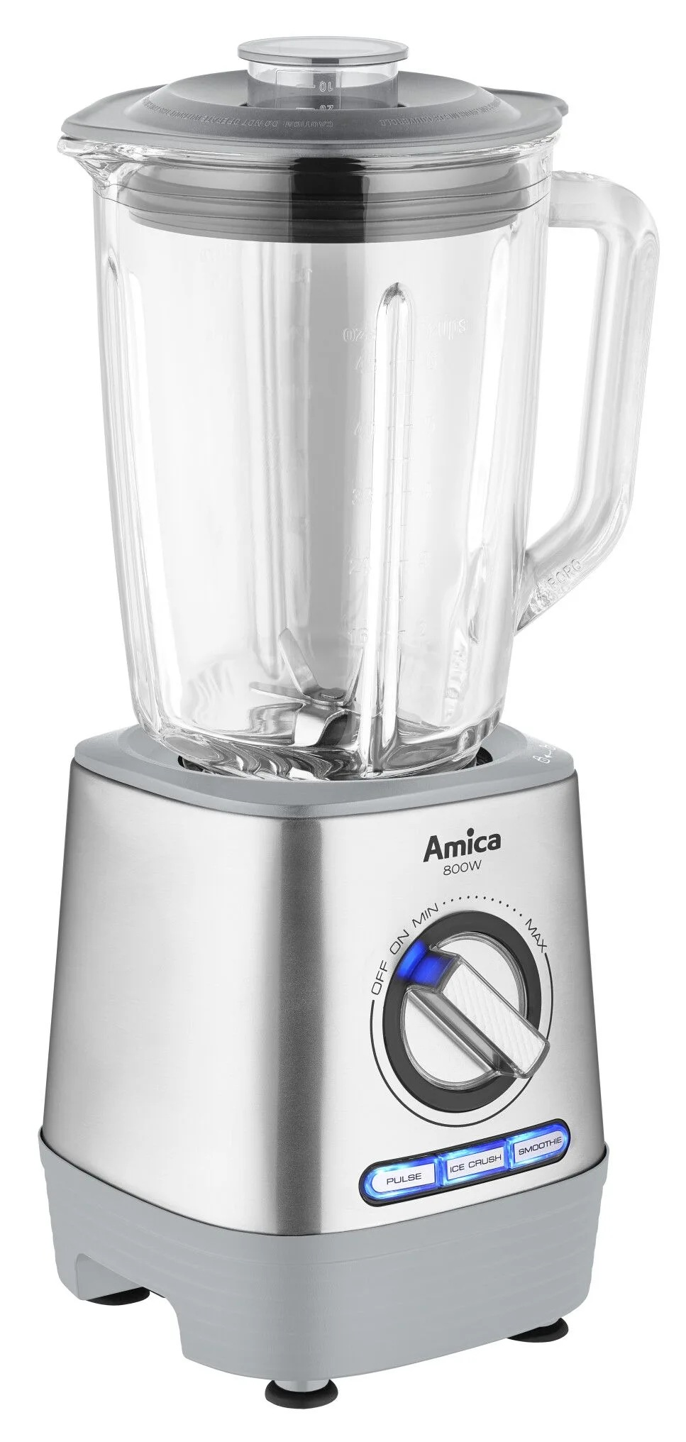 Srebrny blender ze szklanym dzbanem na białym tle. Ma panel sterowania, a marką jest Amica.