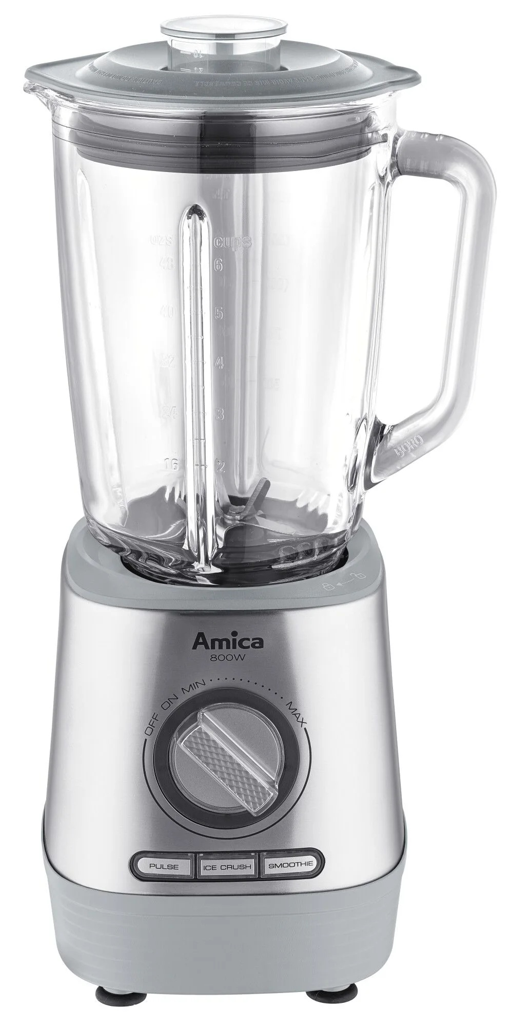 Srebrno-szary blender Amica z przezroczystym szklanym dzbankiem. Ma pokrętło i przyciski do różnych funkcji.
