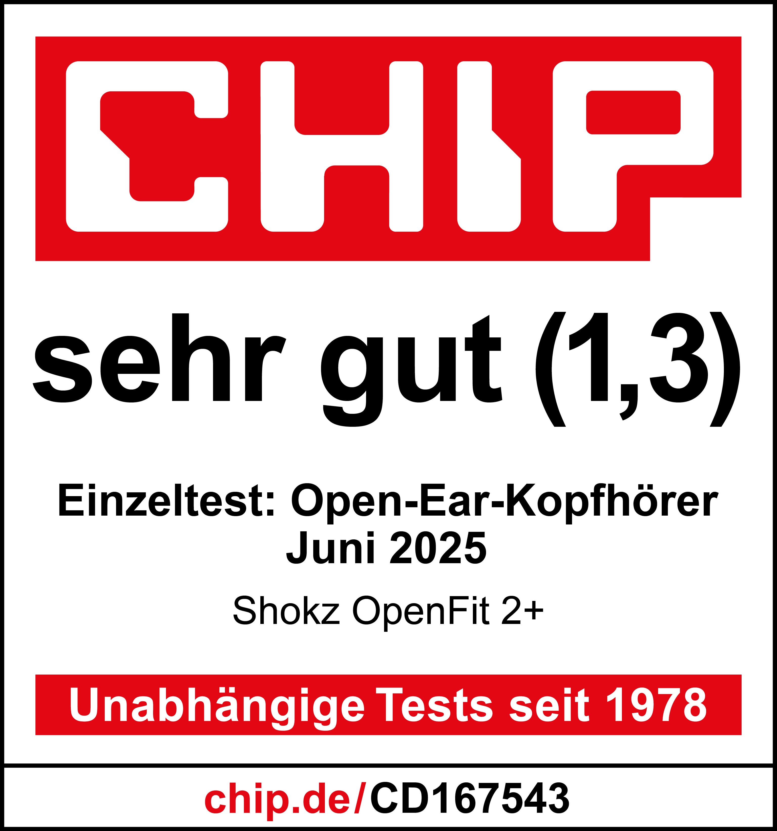 Das Bild zeigt ein rot-weißes Logo, Text lautet 'sehr gut (1,3)' mit Produktdetails und 'Unabhängige Tests seit 1978'.