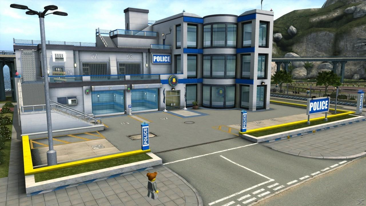 Posterunek policji o nowoczesnym designie. Figurka Lego stoi z przodu. Tło przedstawia most i górę.