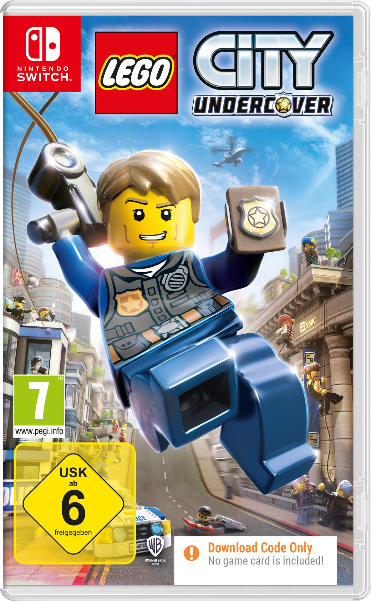 Lego City Undercover Spielcover. Ein Lego-Polizist hält eine Waffe in einer Stadt, mit Hubschrauber und Banküberfall im Gange.