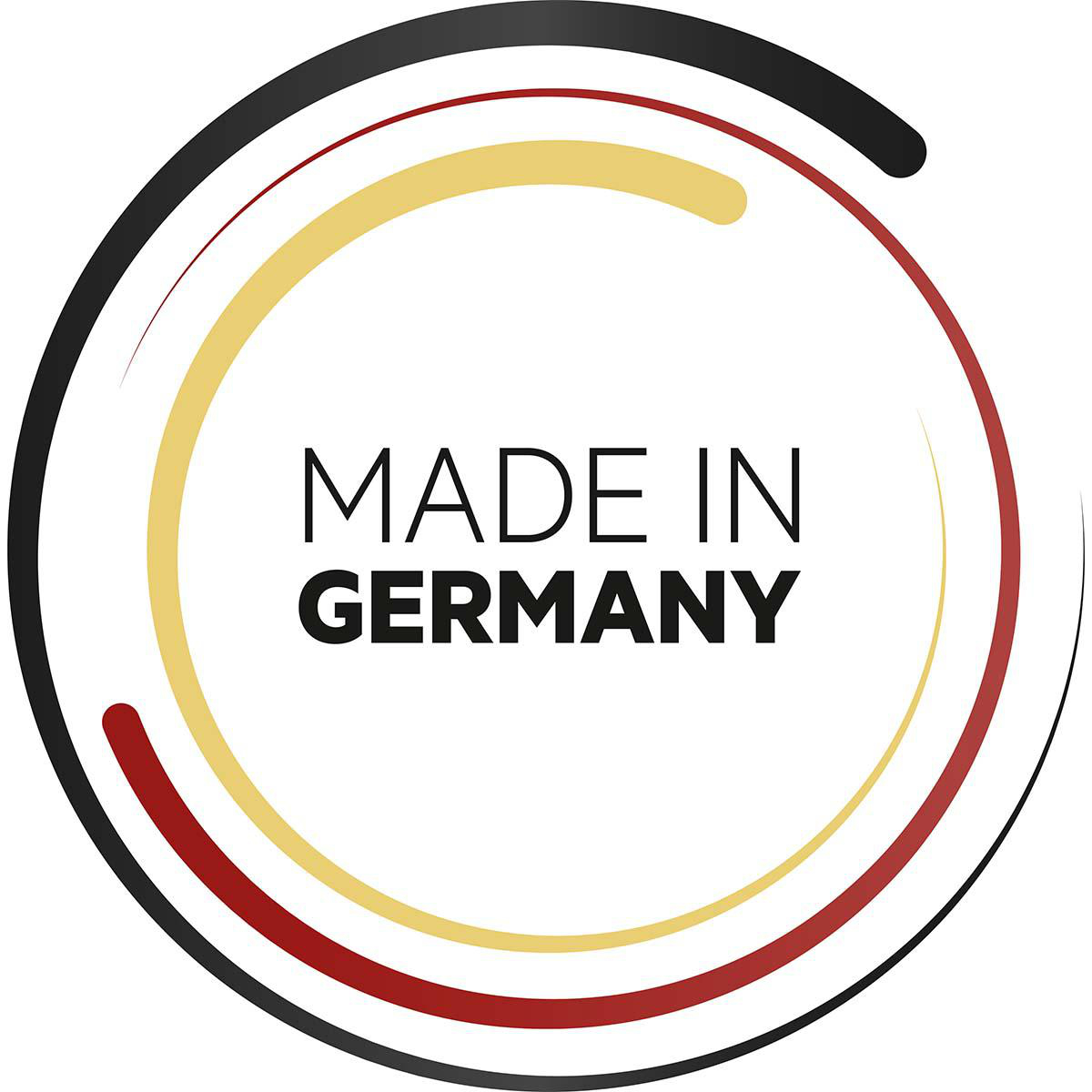 Logo mit Text "MADE IN GERMANY". Der Text befindet sich in einem Kreis mit schwarzen, roten und gelben Streifen.