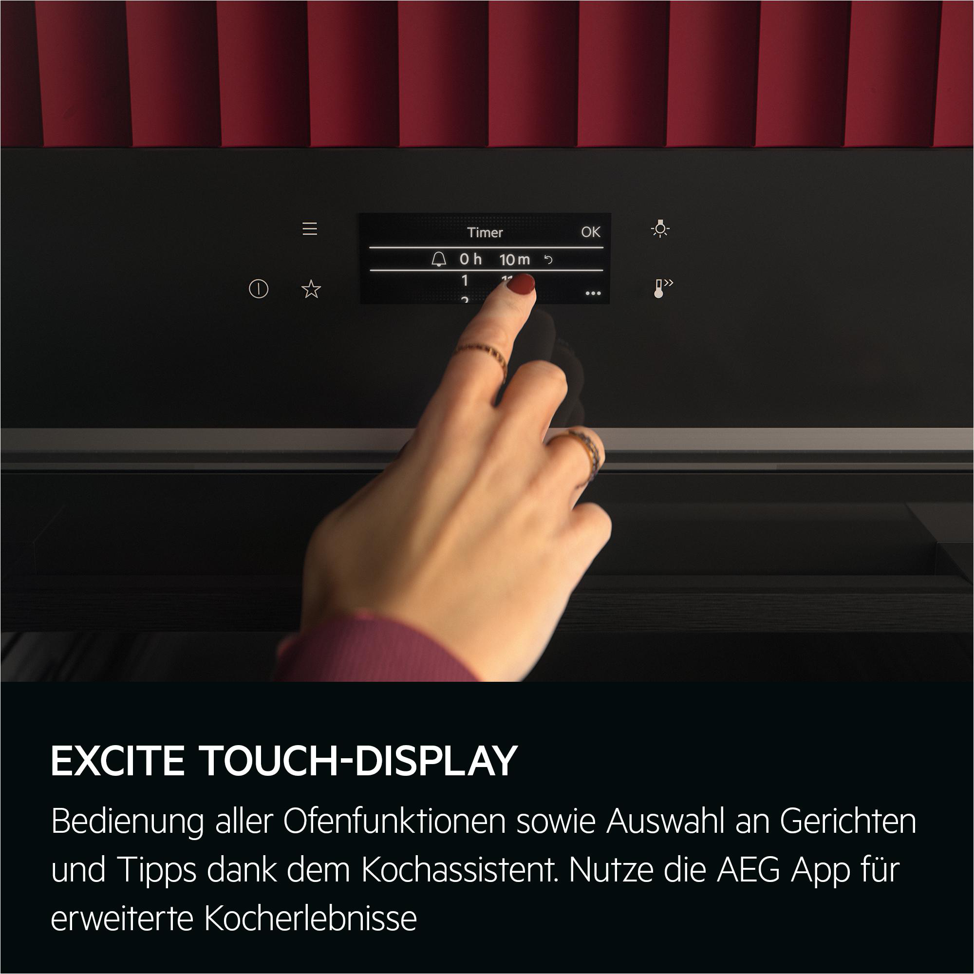 Eine Hand berührt einen Timer auf einem schwarzen Ofendisplay, eingestellt auf 10 Minuten. Roter Hintergrund und Text unten.