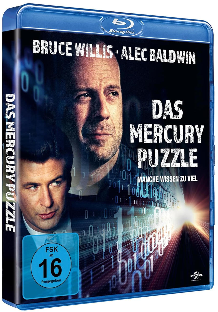 Blu-ray-Cover für den Film "Das Mercury Puzzle". Bruce Willis und Alec Baldwin sind zu sehen. Das Cover ist blau und schwarz.