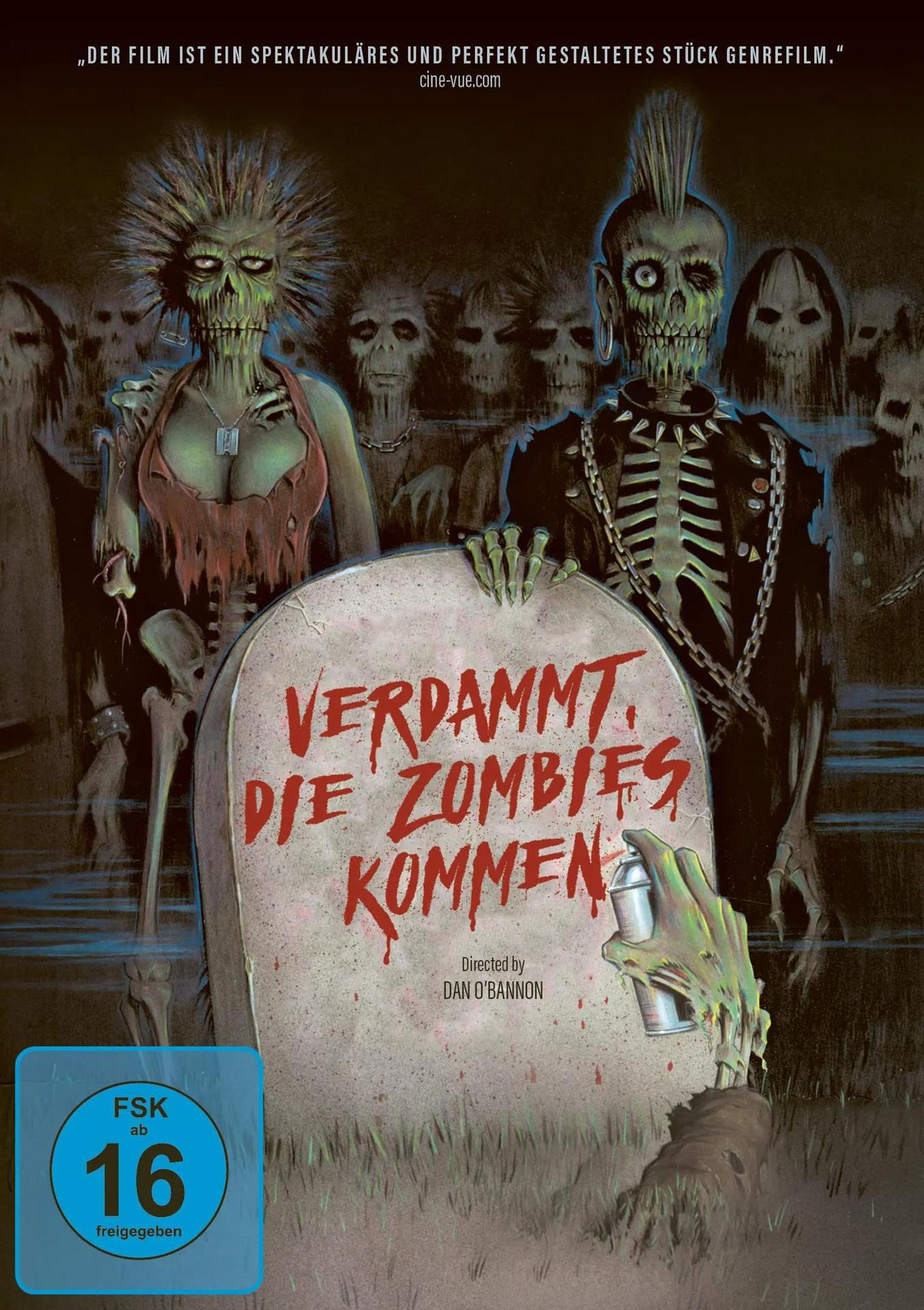 Filmposter: Zombies um einen Grabstein. Text lautet 'Verdammt, die Zombies kommen'. Enthält ein Altersfreigabesiegel.