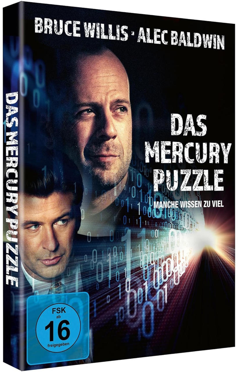 Filmcover: Bruce Willis, Alec Baldwin. Titel: Das Mercury Puzzle. Enthält ein Rating-Logo. Dunkler Hintergrund mit Binärcode.