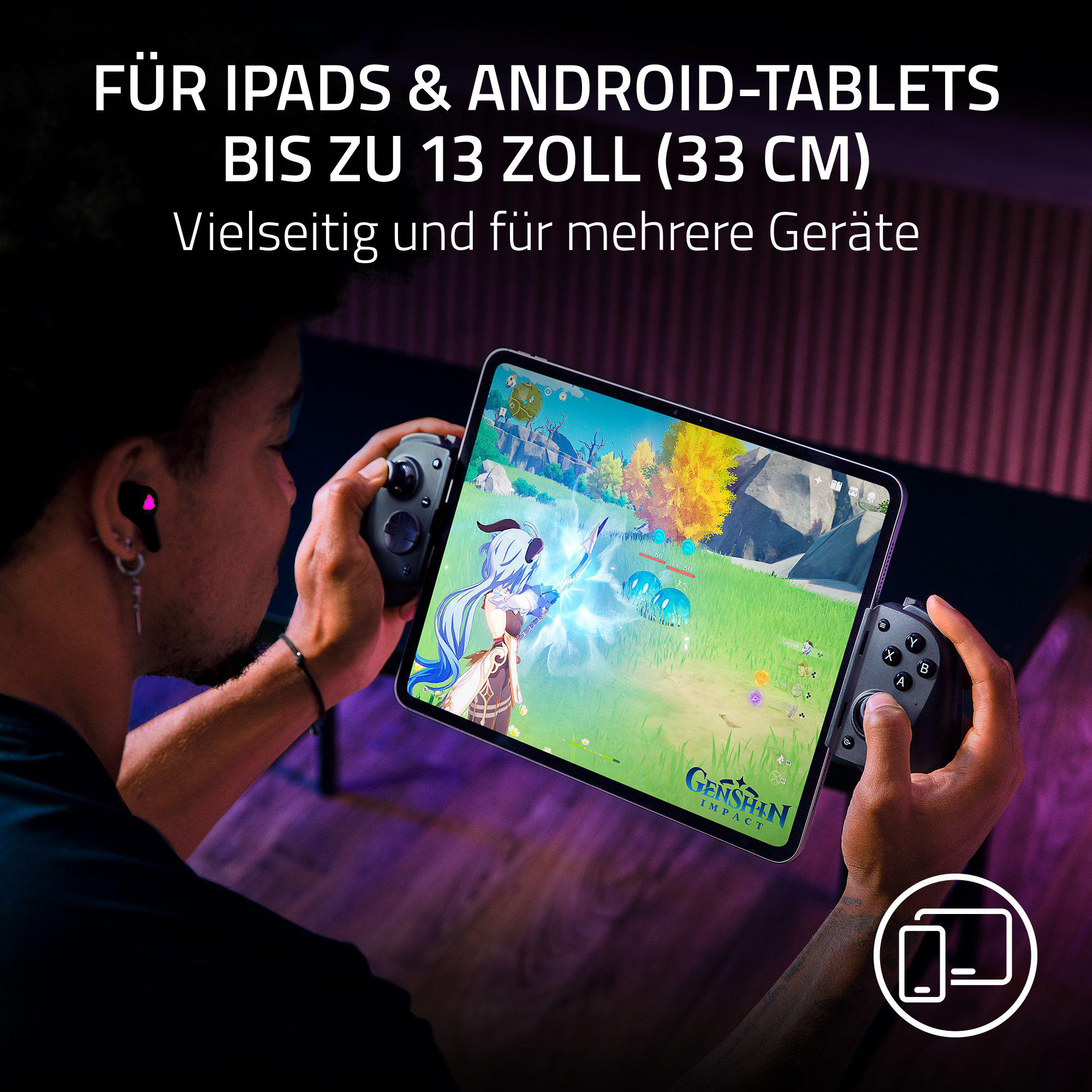 Eine Person hält ein Tablet mit einem Spiel, verbunden mit Controllern. Text: Für iPads & Android-Tablets bis 13 Zoll.