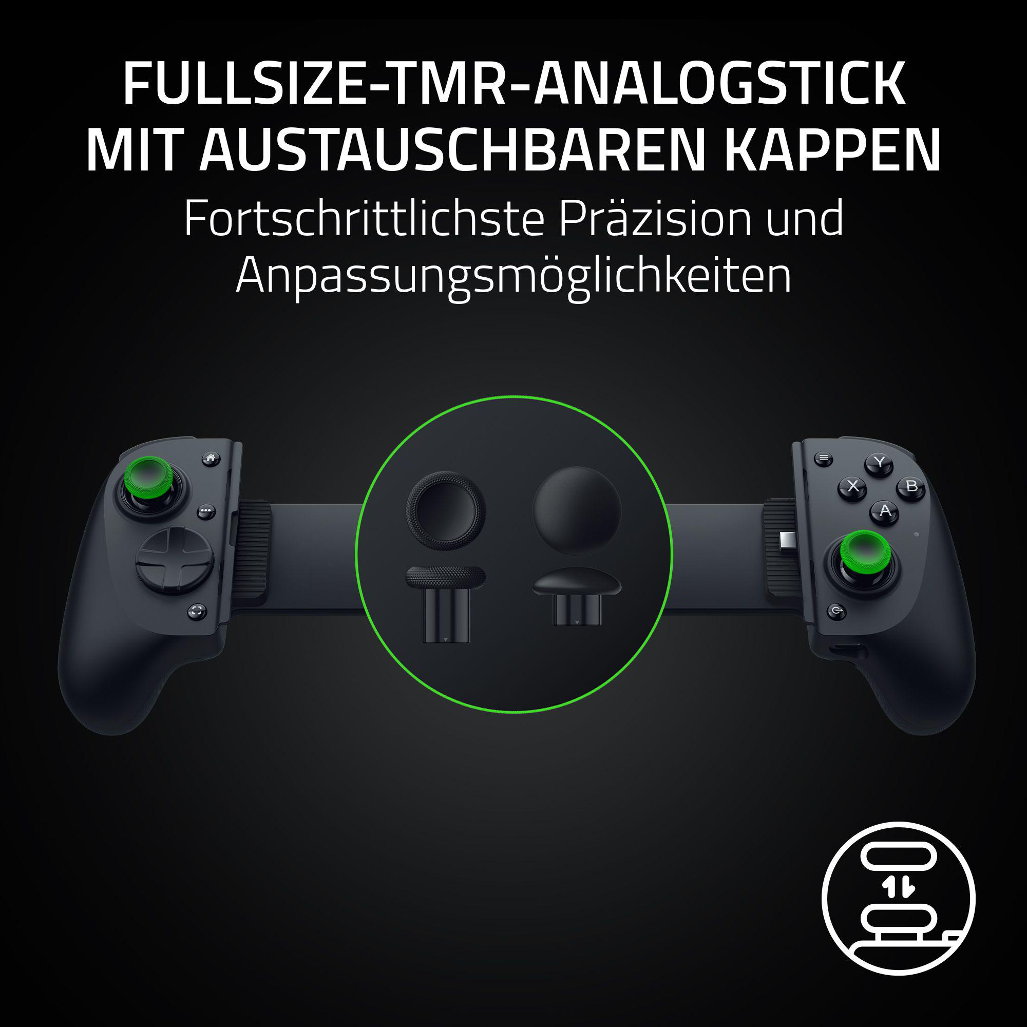 Schwarzer Gamecontroller mit grünen Akzenten. Enthält austauschbare Teile in einem grünen Kreis und Text.